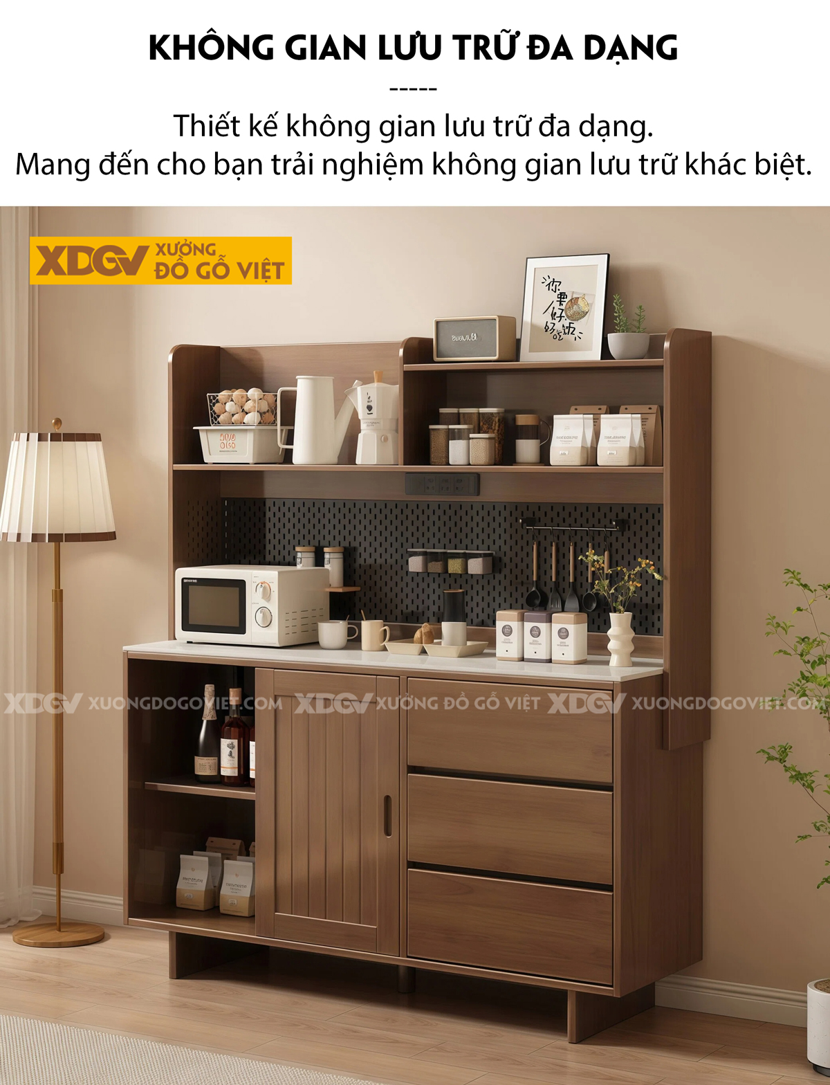 Mẫu Tủ Chén Bát Nhà Bếp Gỗ Óc Chó Thiết Kế Gợn Sóng Đẹp Mắt