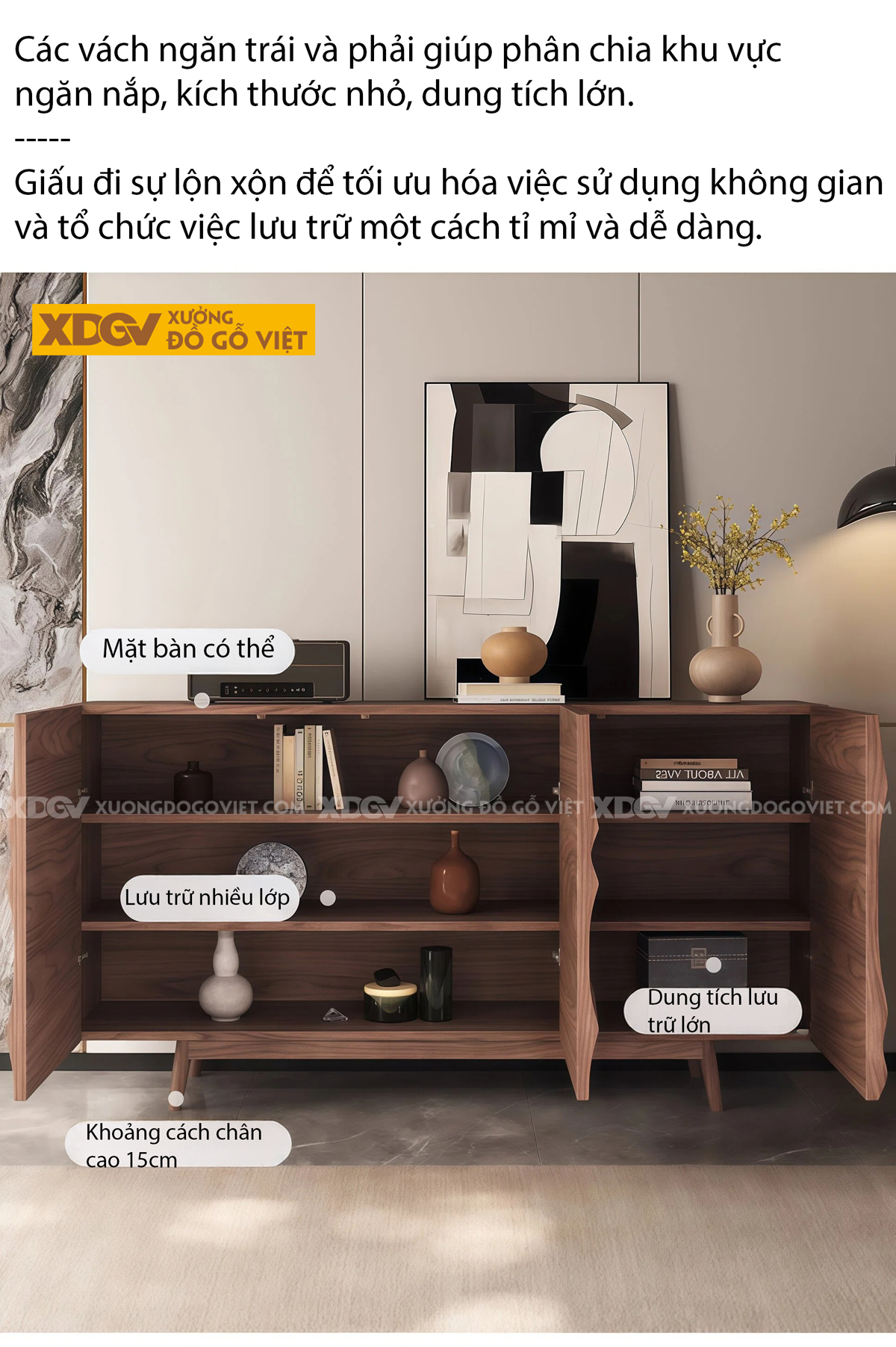 Mẫu Tủ Chén Bát Nhà Bếp Gỗ Óc Chó Thiết Kế Gợn Sóng Đẹp Mắt