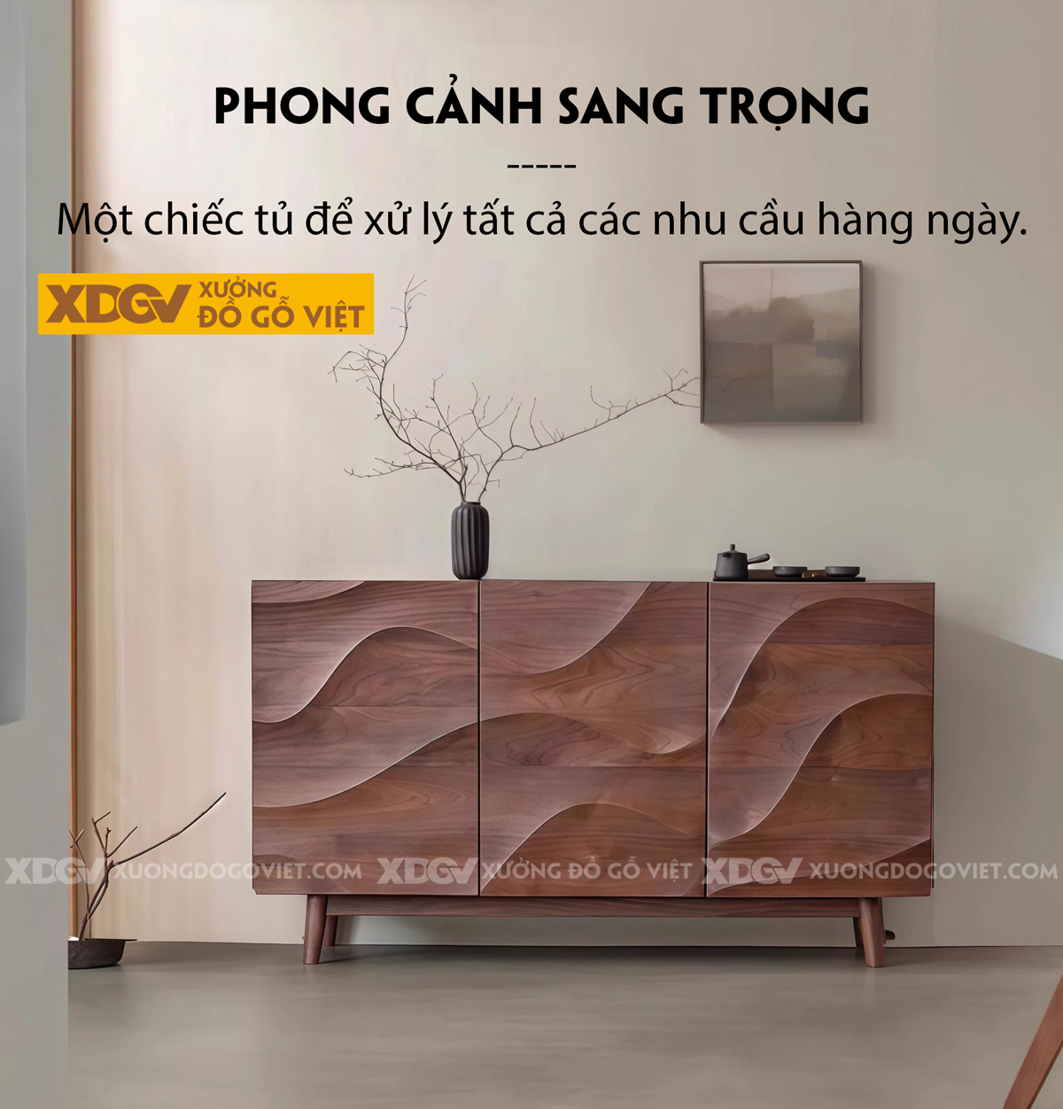 Mẫu Tủ Chén Bát Nhà Bếp Gỗ Óc Chó Thiết Kế Gợn Sóng Đẹp Mắt