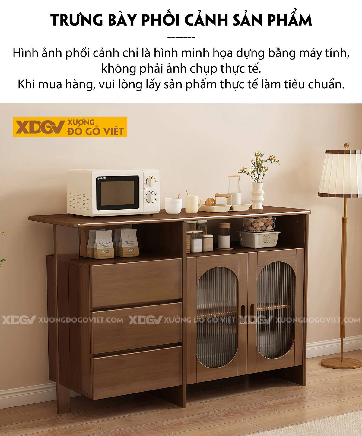 Mẫu Tủ Chén Bát Phòng Bếp Gỗ Cao Su 3 Chân Phân Tầng Lưu Trữ