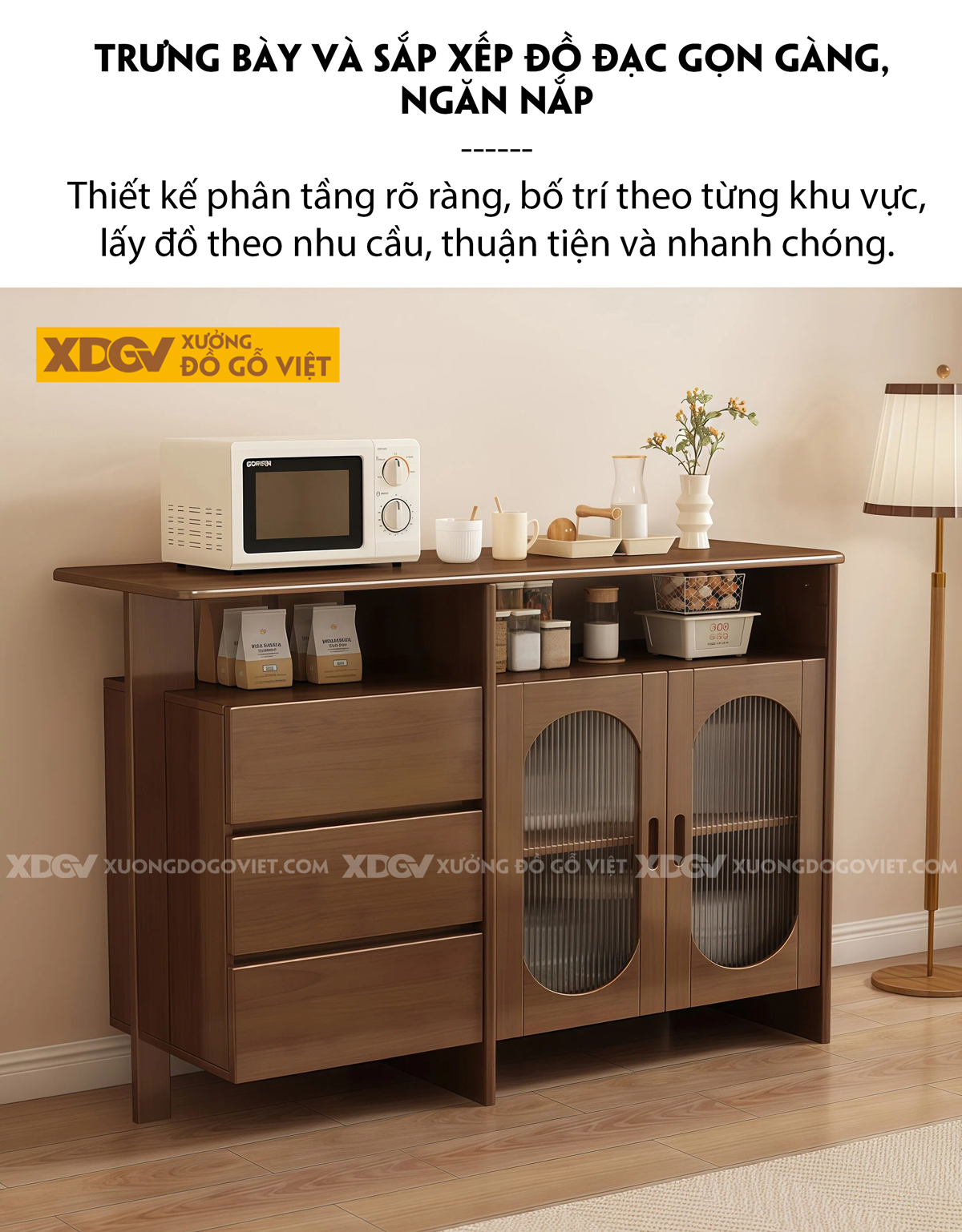 Mẫu Tủ Chén Bát Phòng Bếp Gỗ Cao Su 3 Chân Phân Tầng Lưu Trữ