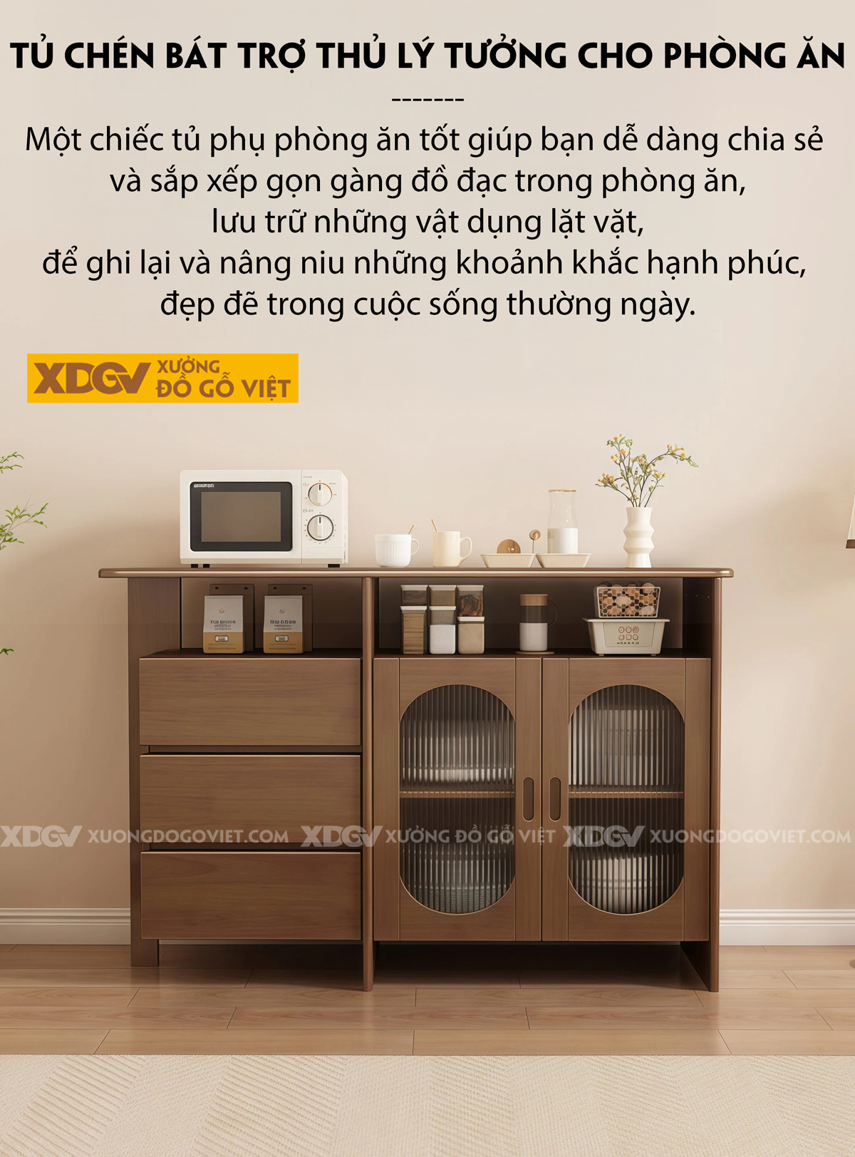Mẫu Tủ Chén Bát Phòng Bếp Gỗ Cao Su 3 Chân Phân Tầng Lưu Trữ
