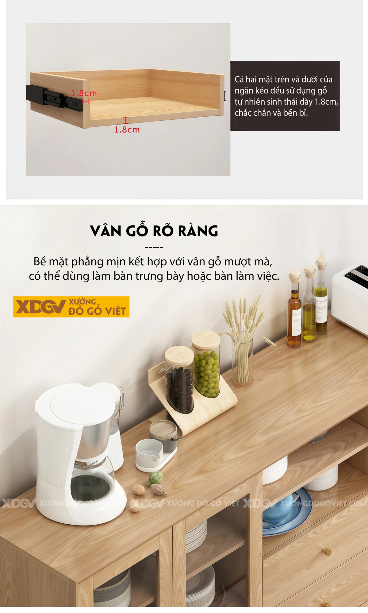 Mẫu Tủ Để Chén Bát Phòng Bếp Gỗ Sồi Dạng Hộp Phối Ngăn Kéo