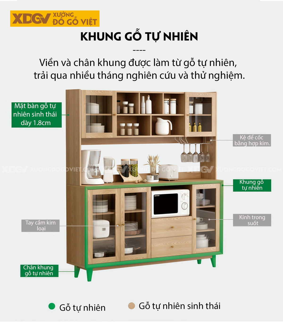 Mẫu Tủ Để Chén Bát Phòng Bếp Gỗ Sồi Dạng Hộp Phối Ngăn Kéo