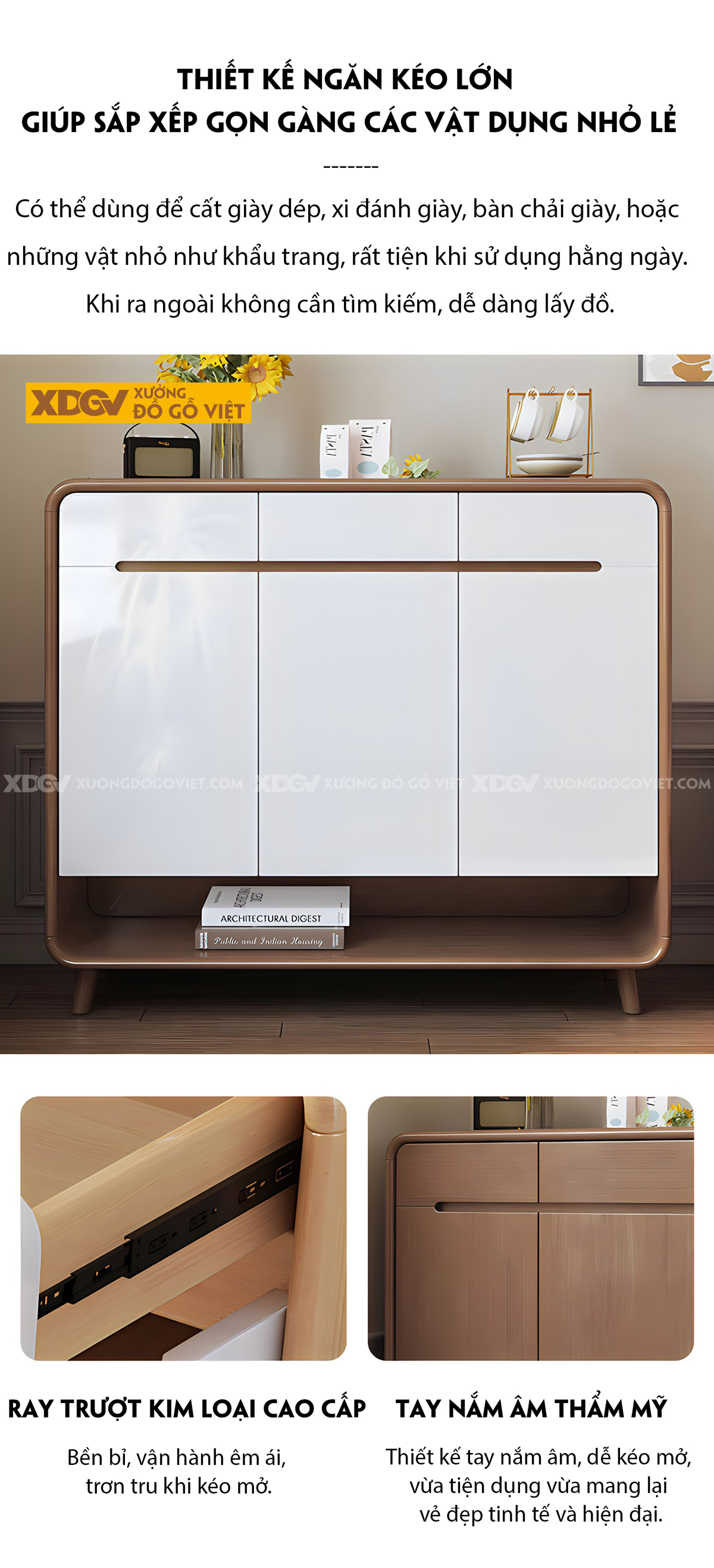 Mẫu Tủ Để Giày Gỗ Cao Su Bo Cạnh Mềm Mại Tay Nắm Âm Độc Đáo