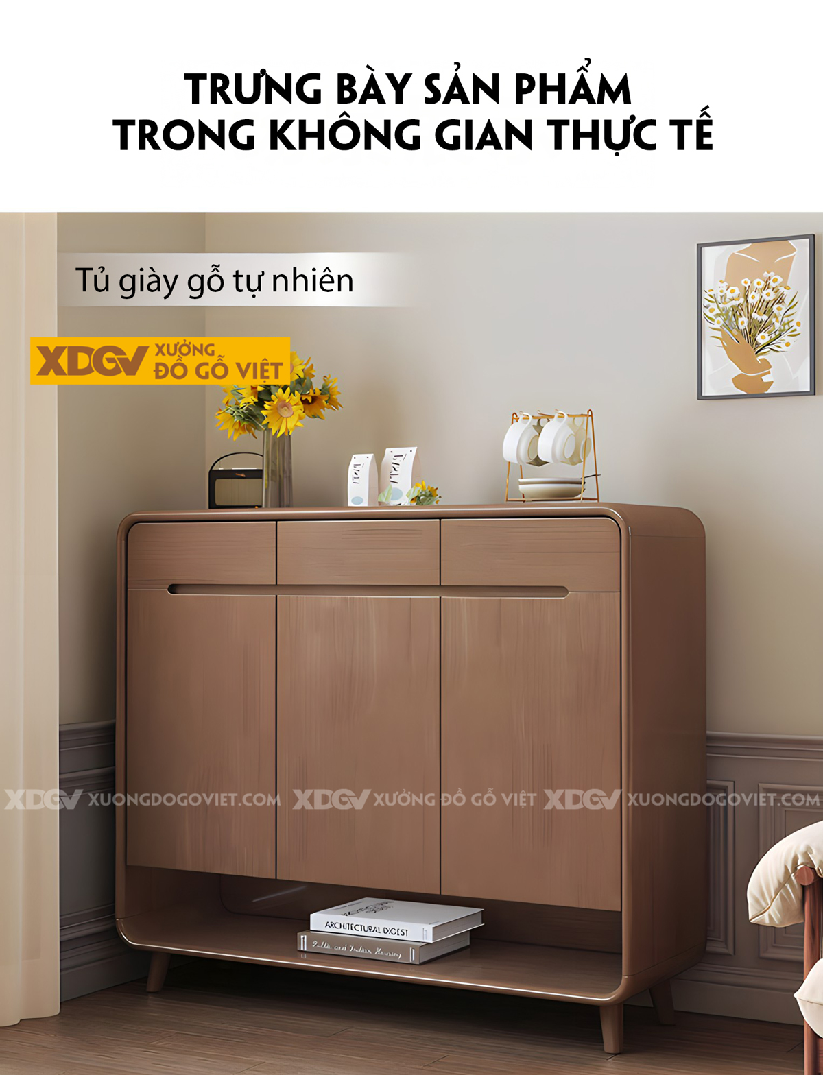 Mẫu Tủ Để Giày Gỗ Cao Su Bo Cạnh Mềm Mại Tay Nắm Âm Độc Đáo