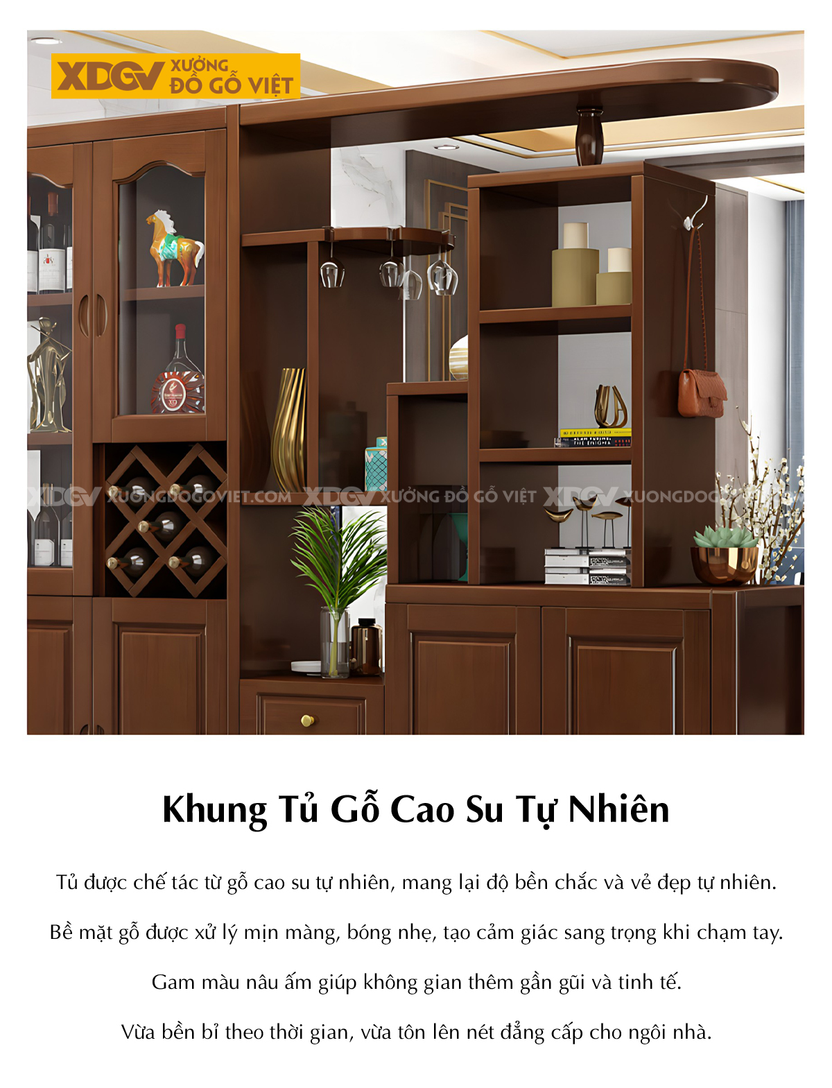 Mẫu Tủ Để Rượu Gỗ Cao Su Phòng Khách Phối Hợp Tủ Kính Sọc Mờ