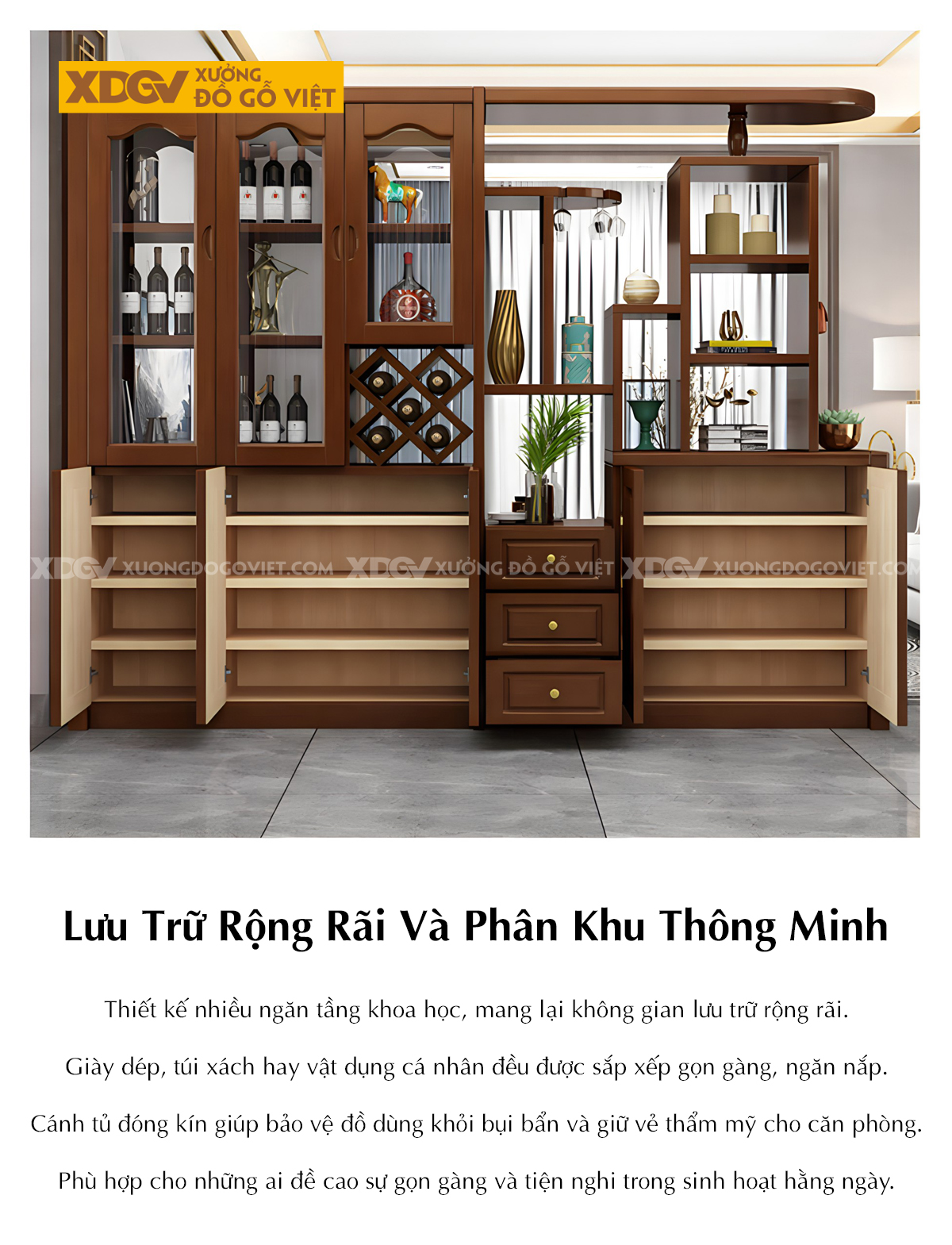 Mẫu Tủ Để Rượu Gỗ Cao Su Phòng Khách Phối Hợp Tủ Kính Sọc Mờ