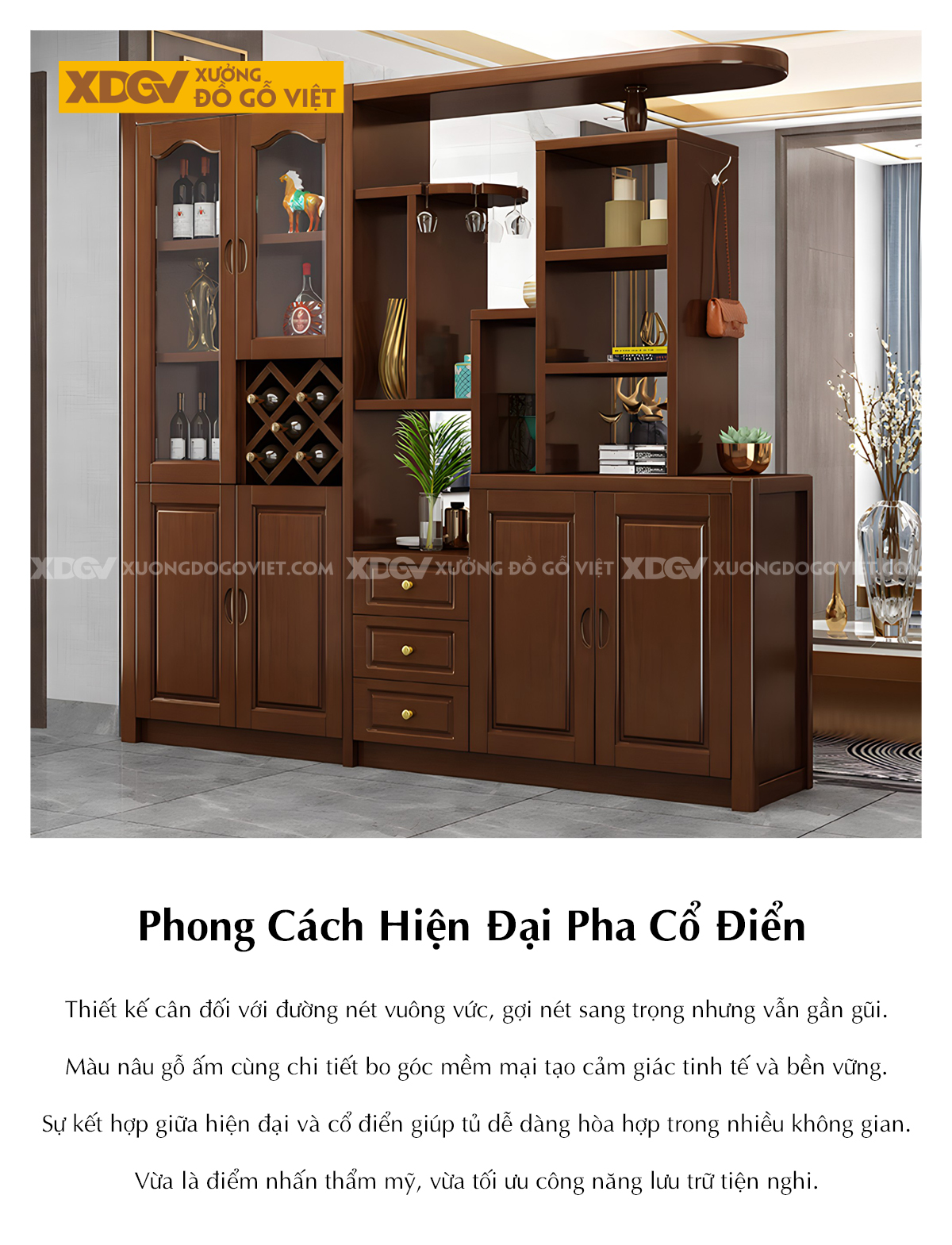 Mẫu Tủ Để Rượu Gỗ Cao Su Phòng Khách Phối Hợp Tủ Kính Sọc Mờ