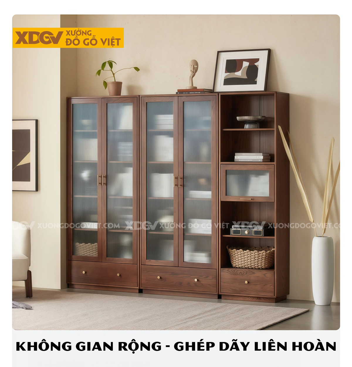 Mẫu Tủ Để Sách Gỗ Sồi Mỹ Phối Cánh Kính Kèm Tủ Kín Phía Dưới