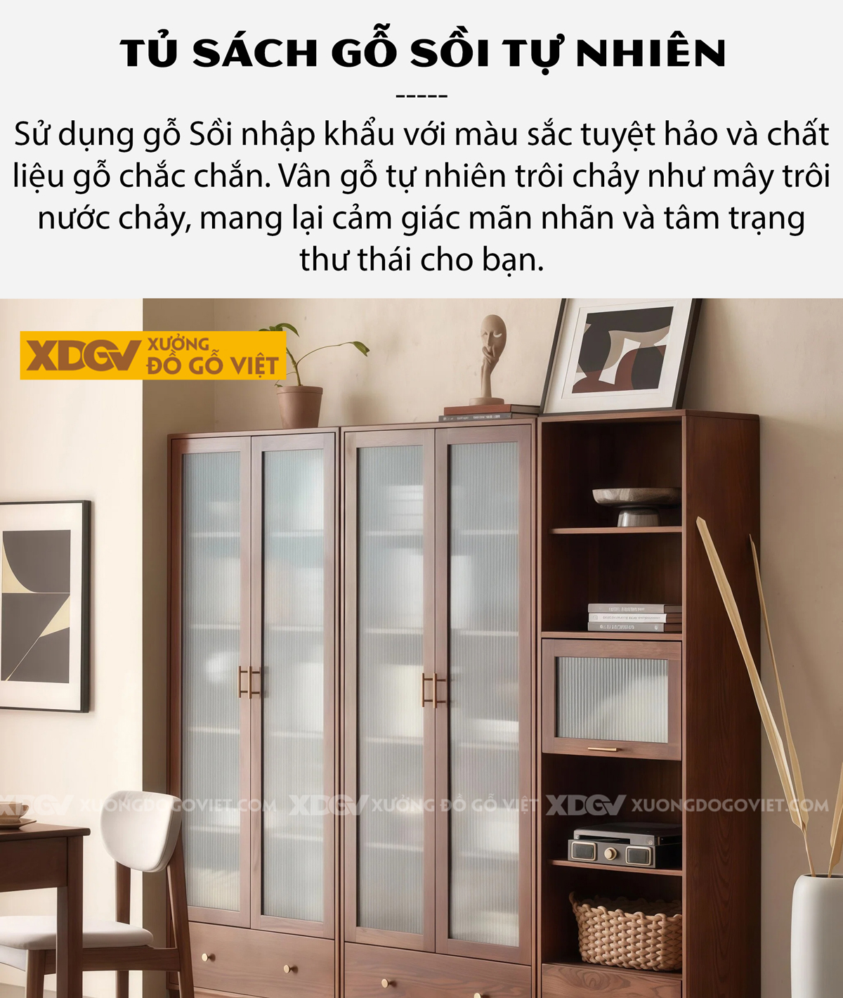 Mẫu Tủ Để Sách Gỗ Sồi Mỹ Phối Cánh Kính Kèm Tủ Kín Phía Dưới