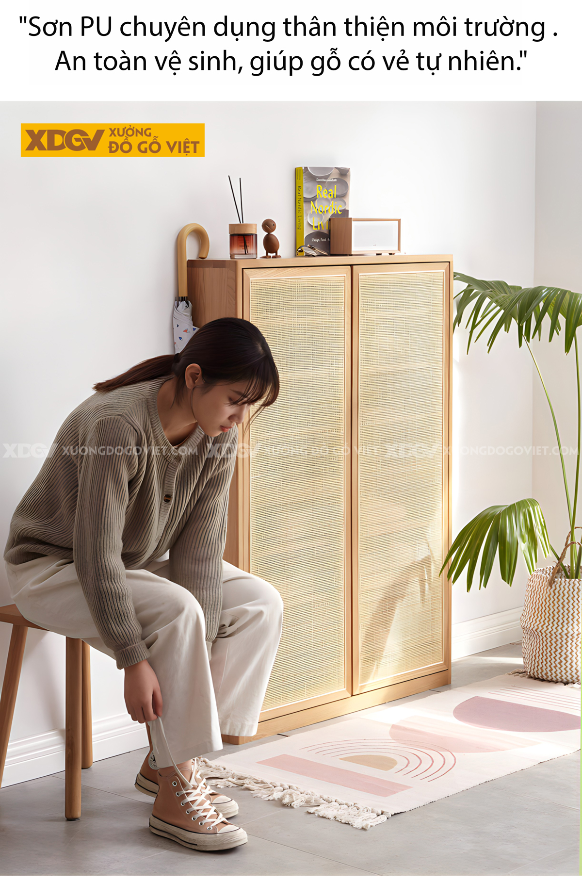 Mẫu Tủ Đựng Giày Sồi Thịt Khung Gỗ Cánh Đan Mây Tự Nhiên