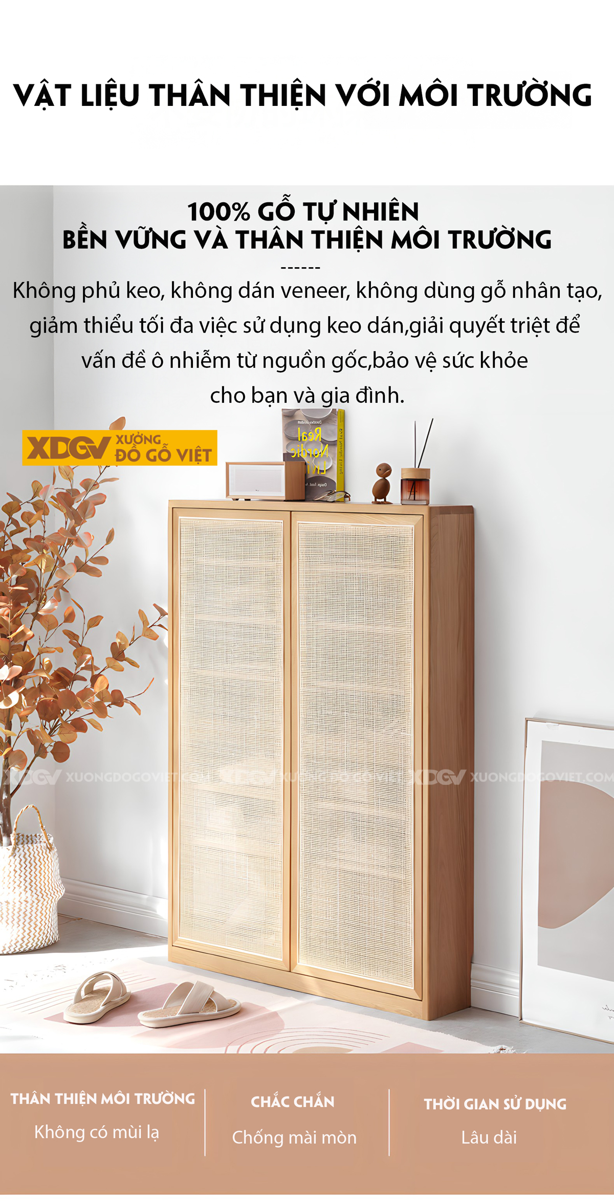 Mẫu Tủ Đựng Giày Sồi Thịt Khung Gỗ Cánh Đan Mây Tự Nhiên