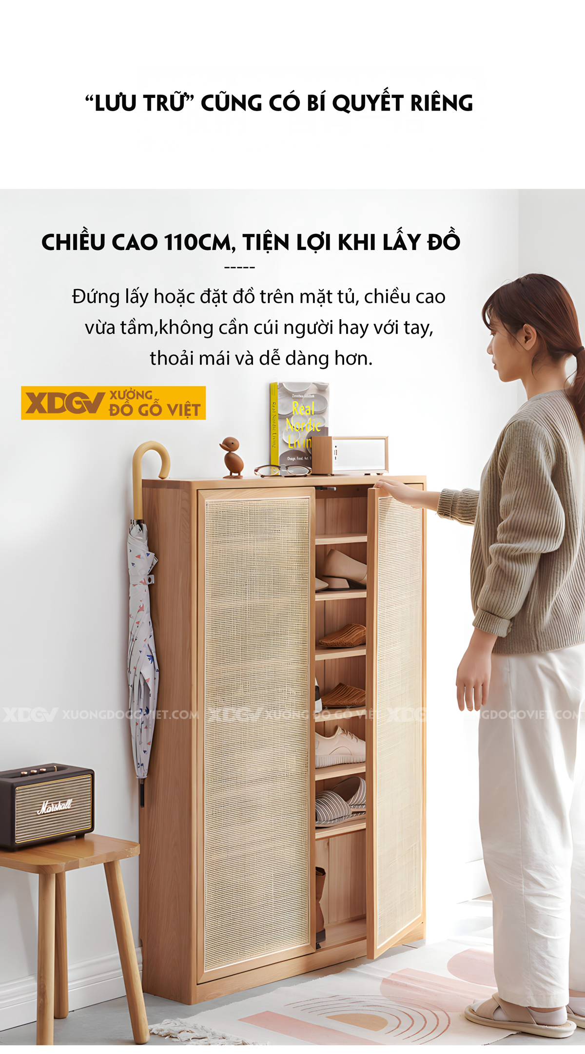 Mẫu Tủ Đựng Giày Sồi Thịt Khung Gỗ Cánh Đan Mây Tự Nhiên
