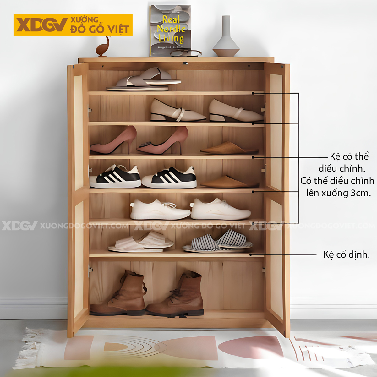 Mẫu Tủ Đựng Giày Sồi Thịt Khung Gỗ Cánh Đan Mây Tự Nhiên