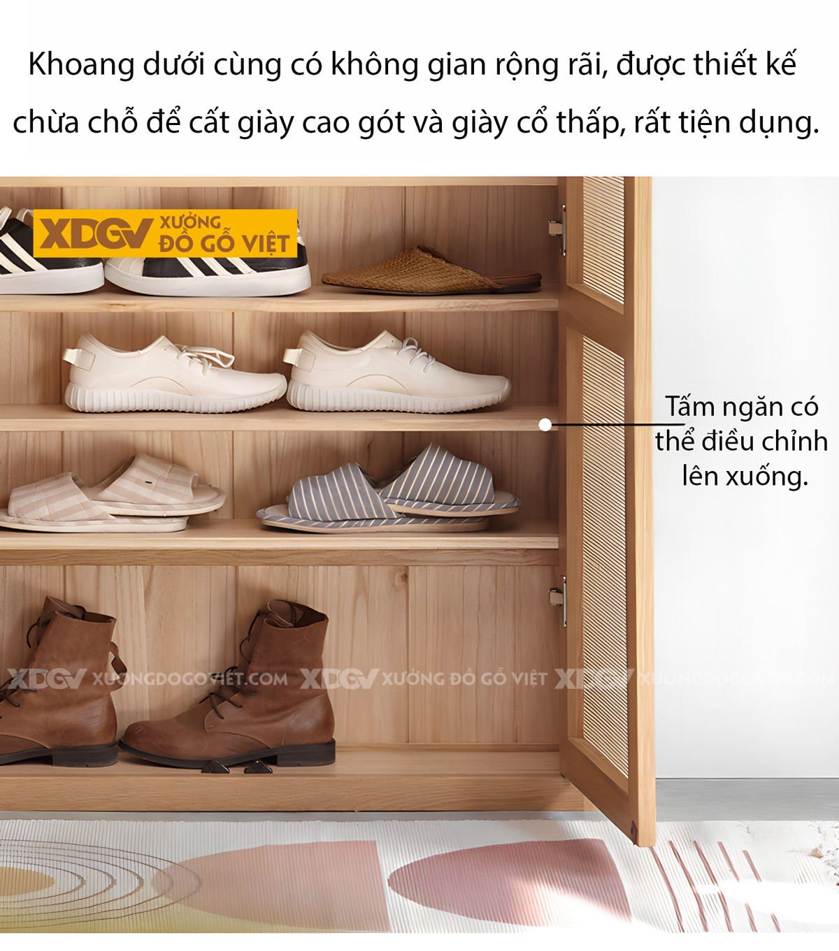 Mẫu Tủ Đựng Giày Sồi Thịt Khung Gỗ Cánh Đan Mây Tự Nhiên
