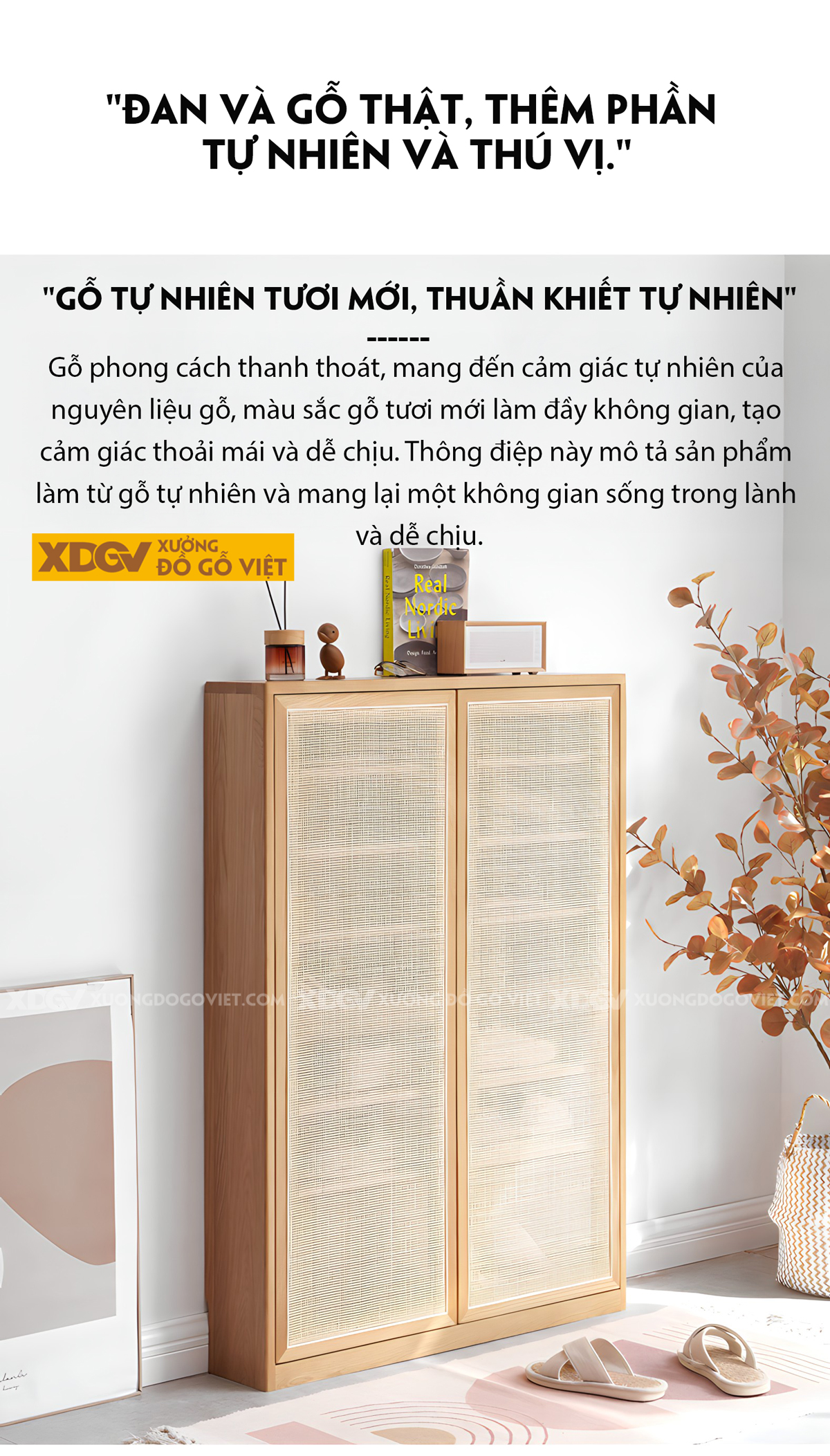 Mẫu Tủ Đựng Giày Sồi Thịt Khung Gỗ Cánh Đan Mây Tự Nhiên