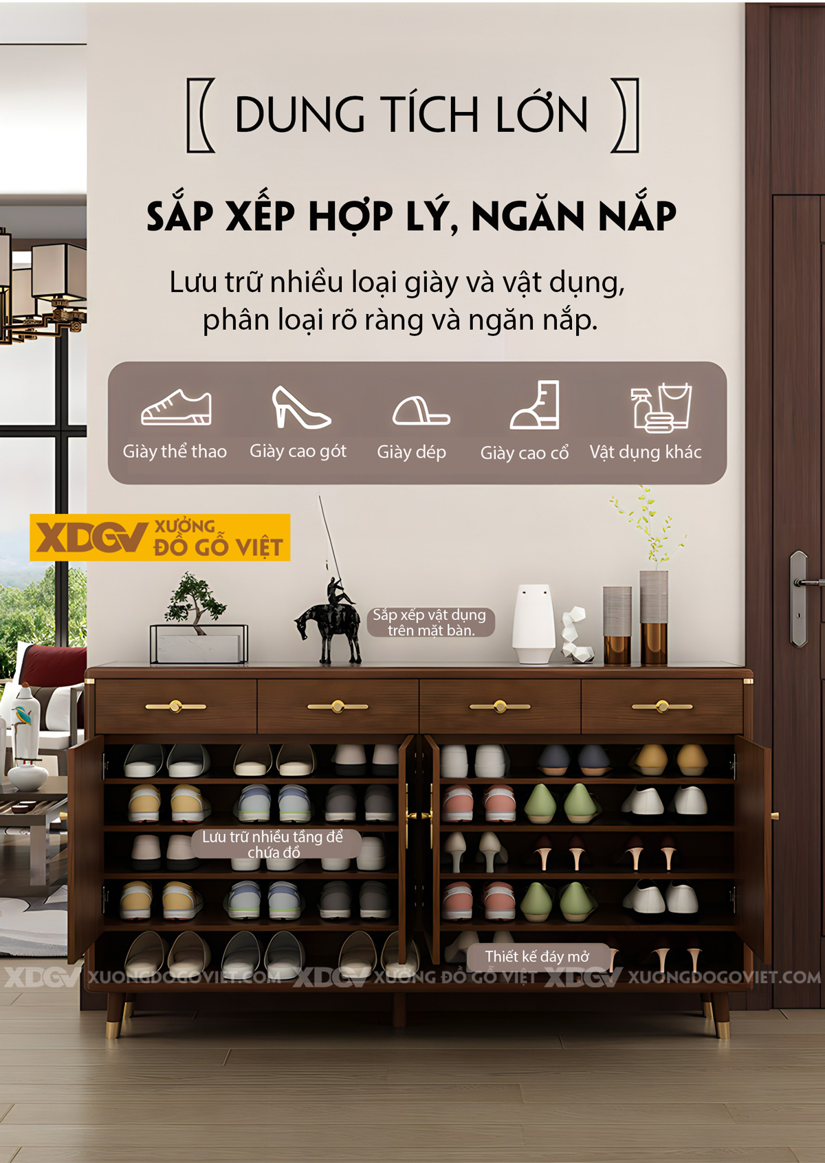 Mẫu Tủ Giày Chân Thấp Gỗ Sồi Tự Nhiên Tay Nắm Kim Loại Vàng