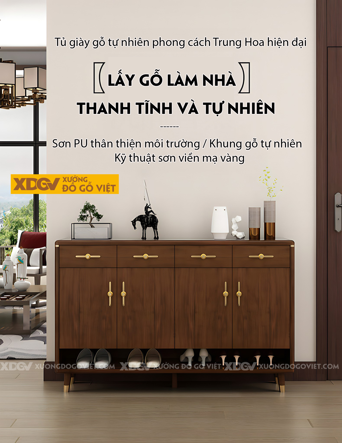 Mẫu Tủ Giày Chân Thấp Gỗ Sồi Tự Nhiên Tay Nắm Kim Loại Vàng