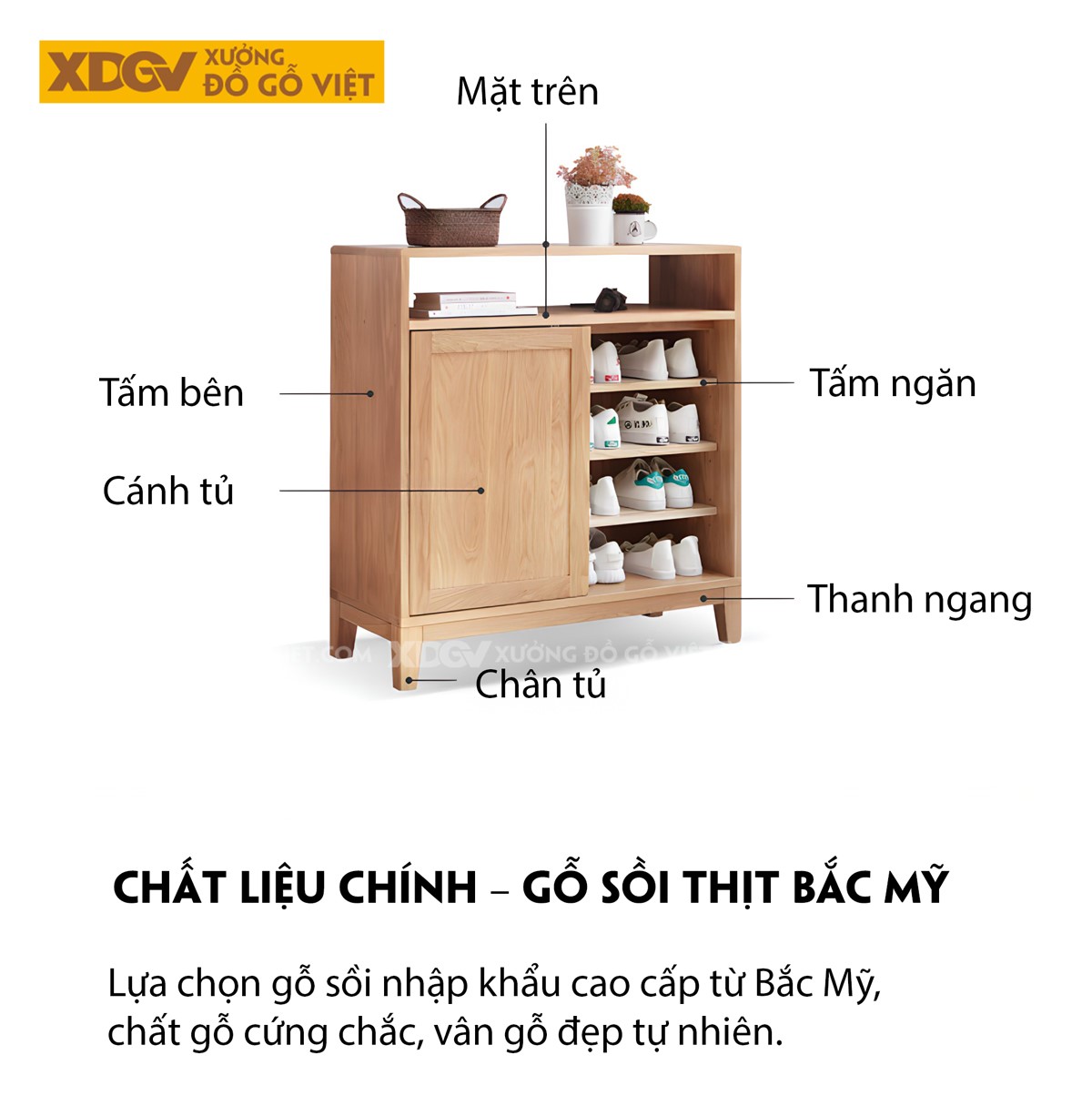 Mẫu Tủ Giày Gỗ Sồi Vân Đẹp Tự Nhiên 2 Cánh Trượt Tiện Lợi