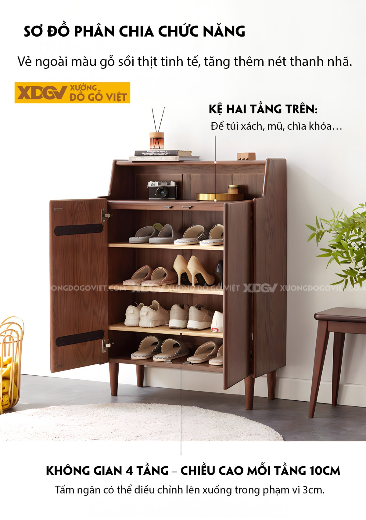Mẫu Tủ Giày Mini Gỗ Sồi Tự Nhiên 2 Cánh 4 Tầng Có Kệ Trên