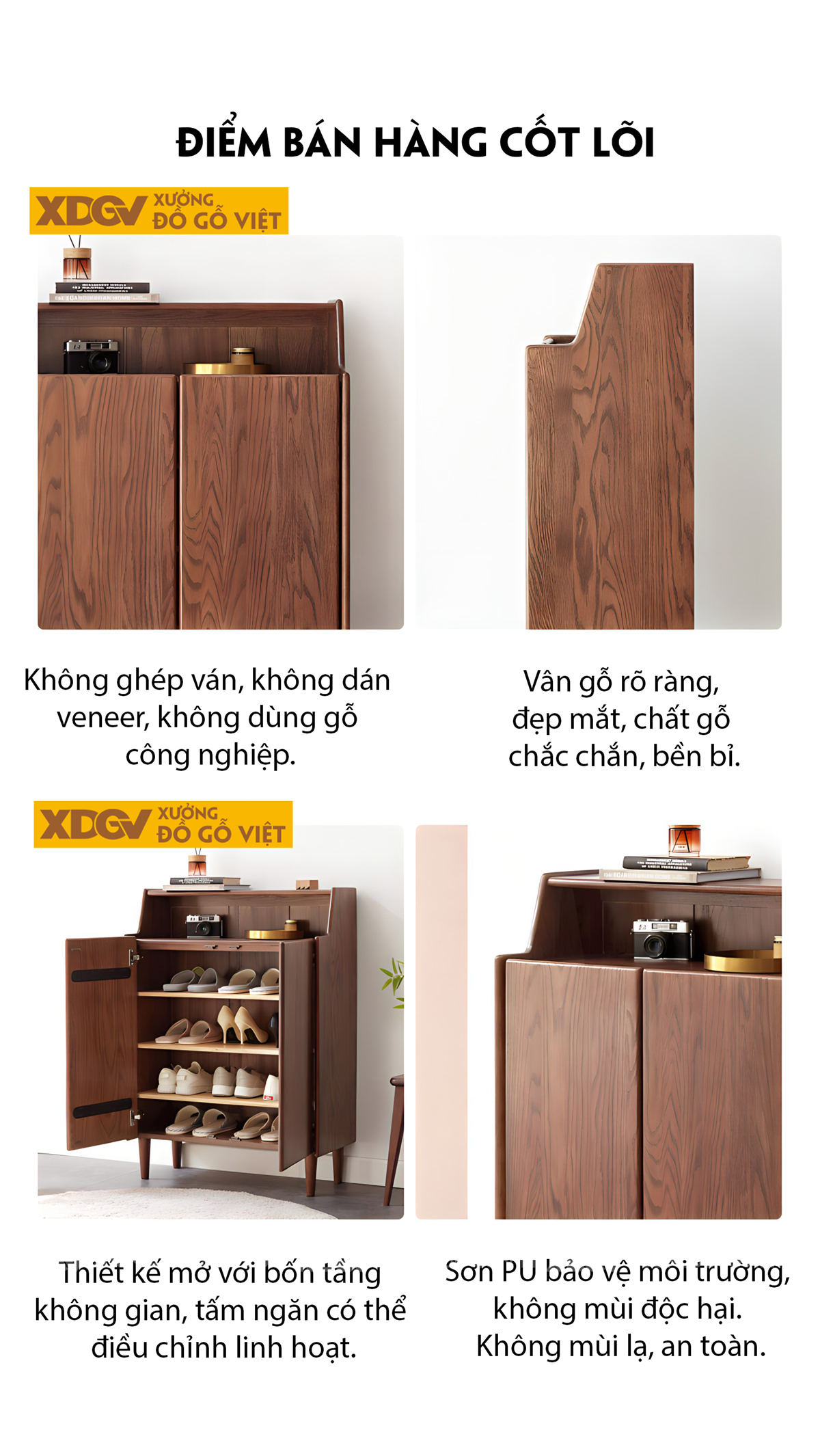 Mẫu Tủ Giày Mini Gỗ Sồi Tự Nhiên 2 Cánh 4 Tầng Có Kệ Trên