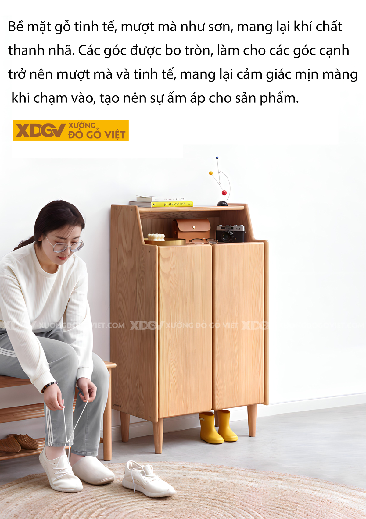 Mẫu Tủ Giày Mini Gỗ Sồi Tự Nhiên 2 Cánh 4 Tầng Có Kệ Trên