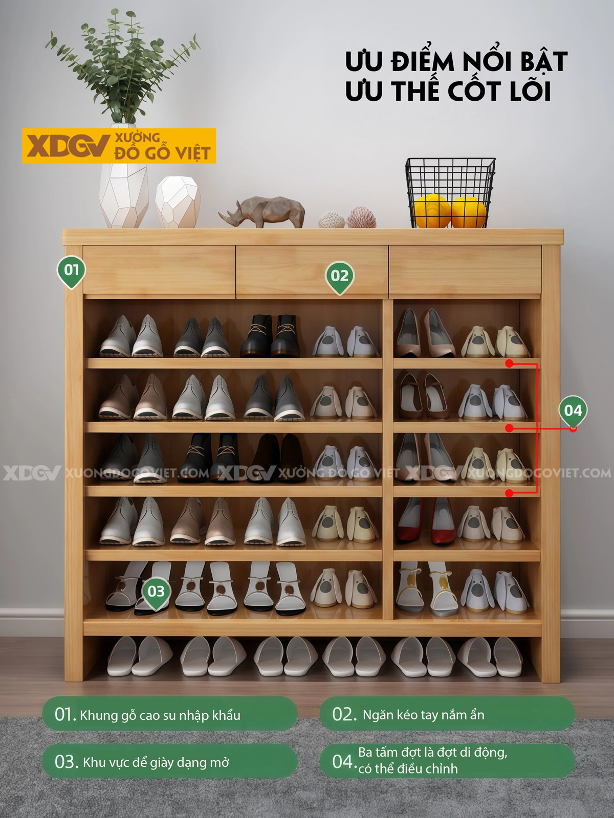 Mẫu Tủ Kệ Để Giày Gỗ Cao Su Cánh Phối Pano Bố Cục Linh Hoạt