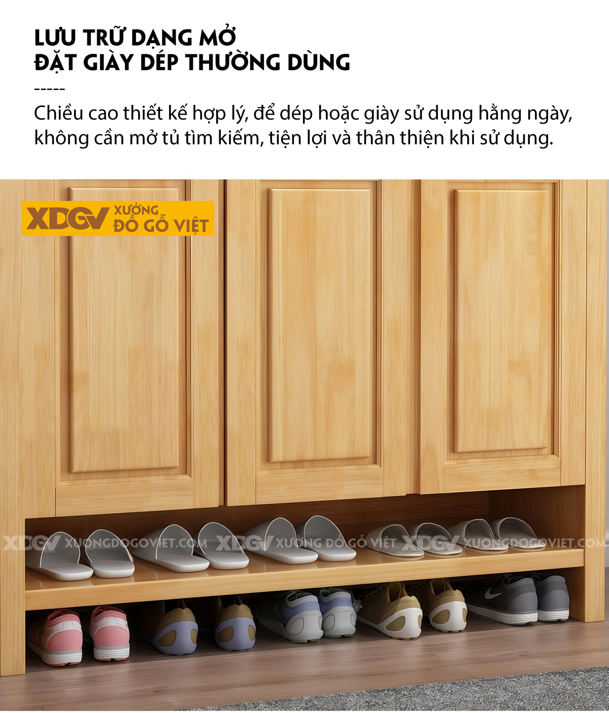 Mẫu Tủ Kệ Để Giày Gỗ Cao Su Cánh Phối Pano Bố Cục Linh Hoạt