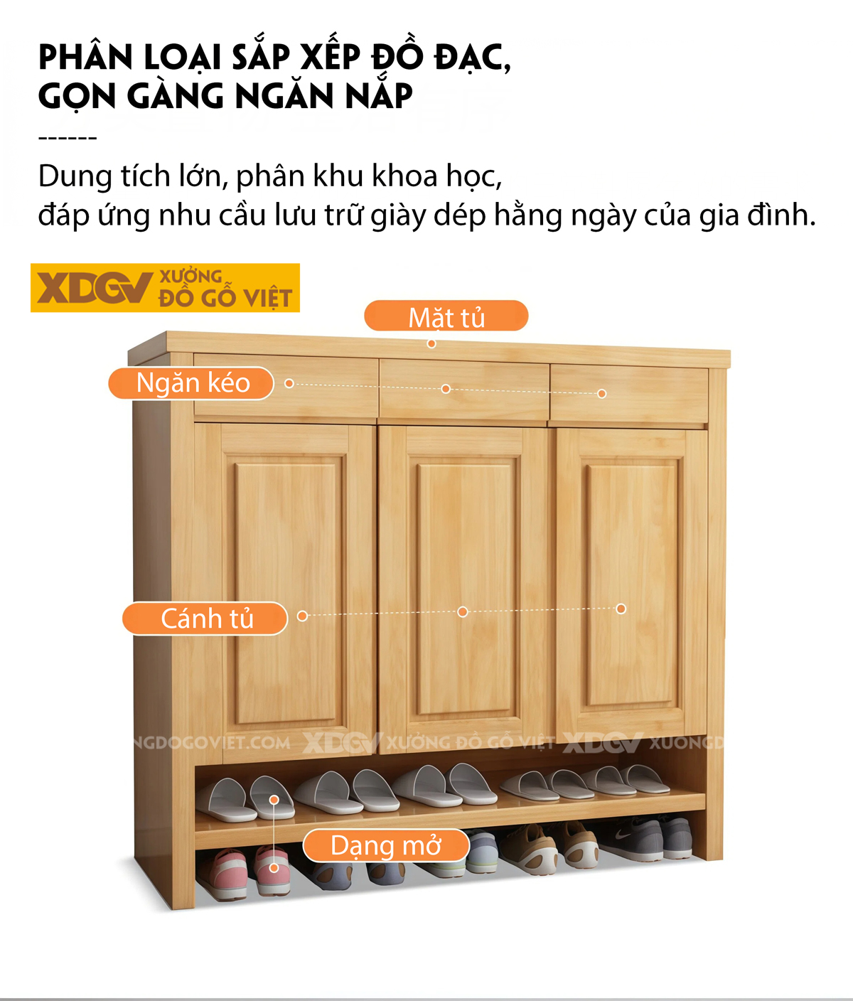 Mẫu Tủ Kệ Để Giày Gỗ Cao Su Cánh Phối Pano Bố Cục Linh Hoạt