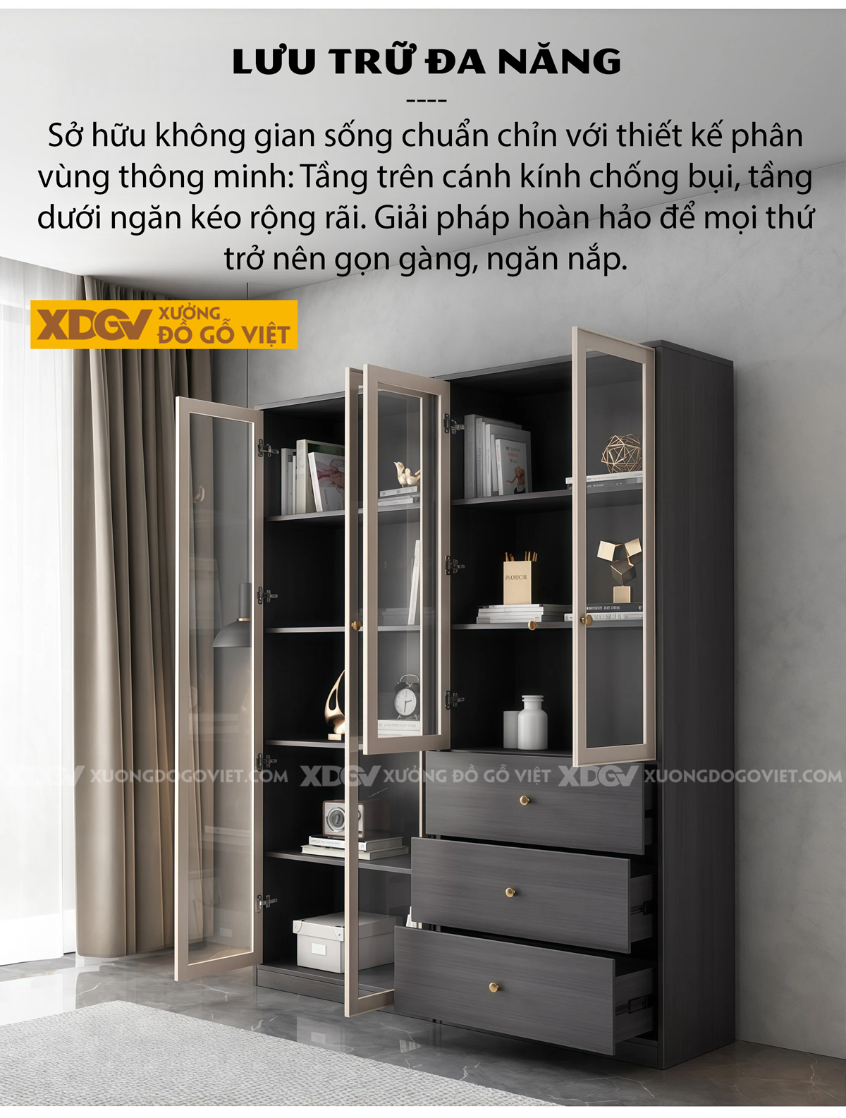 Mẫu Tủ Lưu Trữ Sách Gỗ MDF Chân Bệt Cánh Lùa Phối Ngăn Kéo