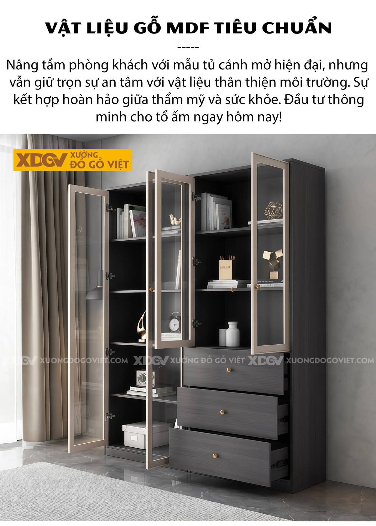 Mẫu Tủ Lưu Trữ Sách Gỗ MDF Chân Bệt Cánh Lùa Phối Ngăn Kéo