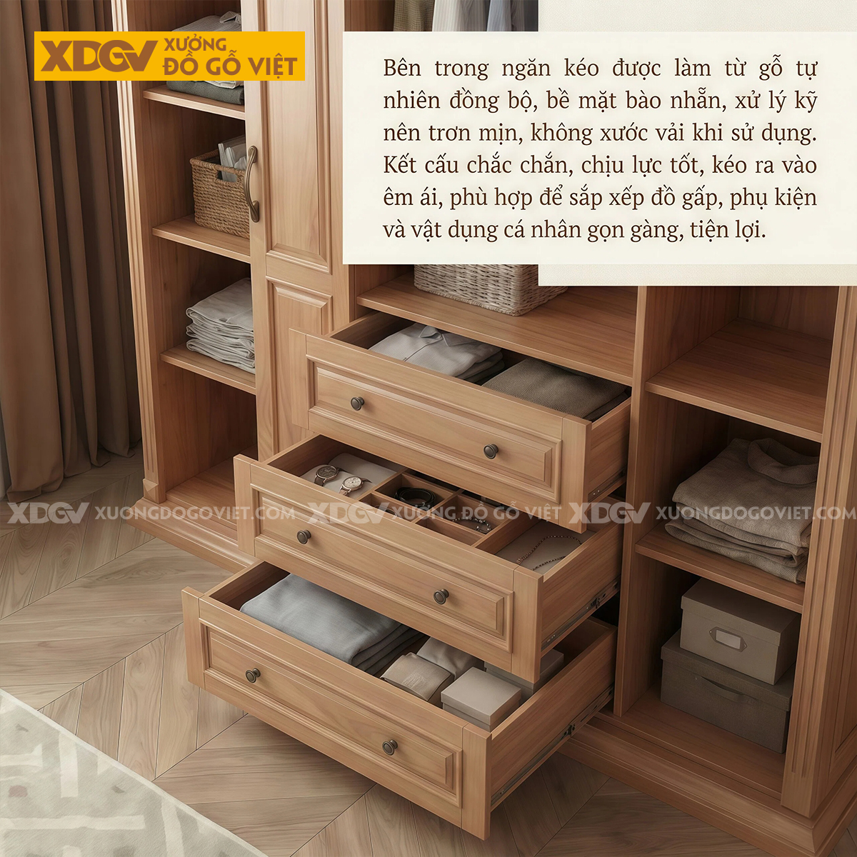 Mẫu Tủ Quần Áo Phòng Ngủ Gỗ Gõ Đỏ Phối Chỉ Phào Kèm Ngăn Kéo