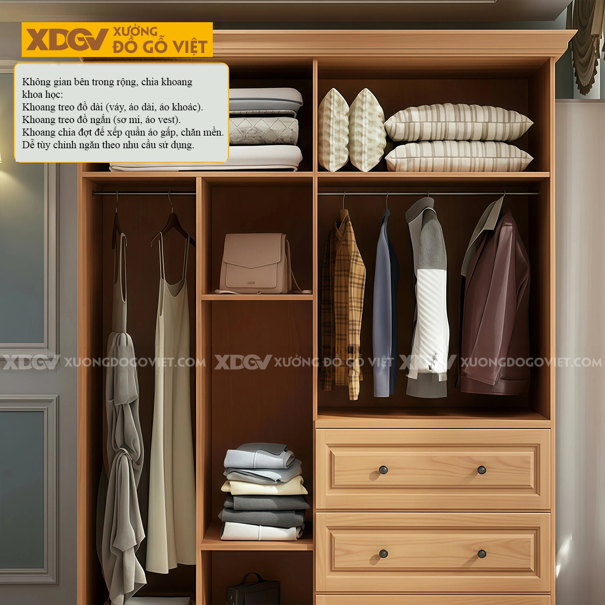Mẫu Tủ Quần Áo Phòng Ngủ Gỗ Gõ Đỏ Tích Hợp Ngăn Kéo Đa Dạng