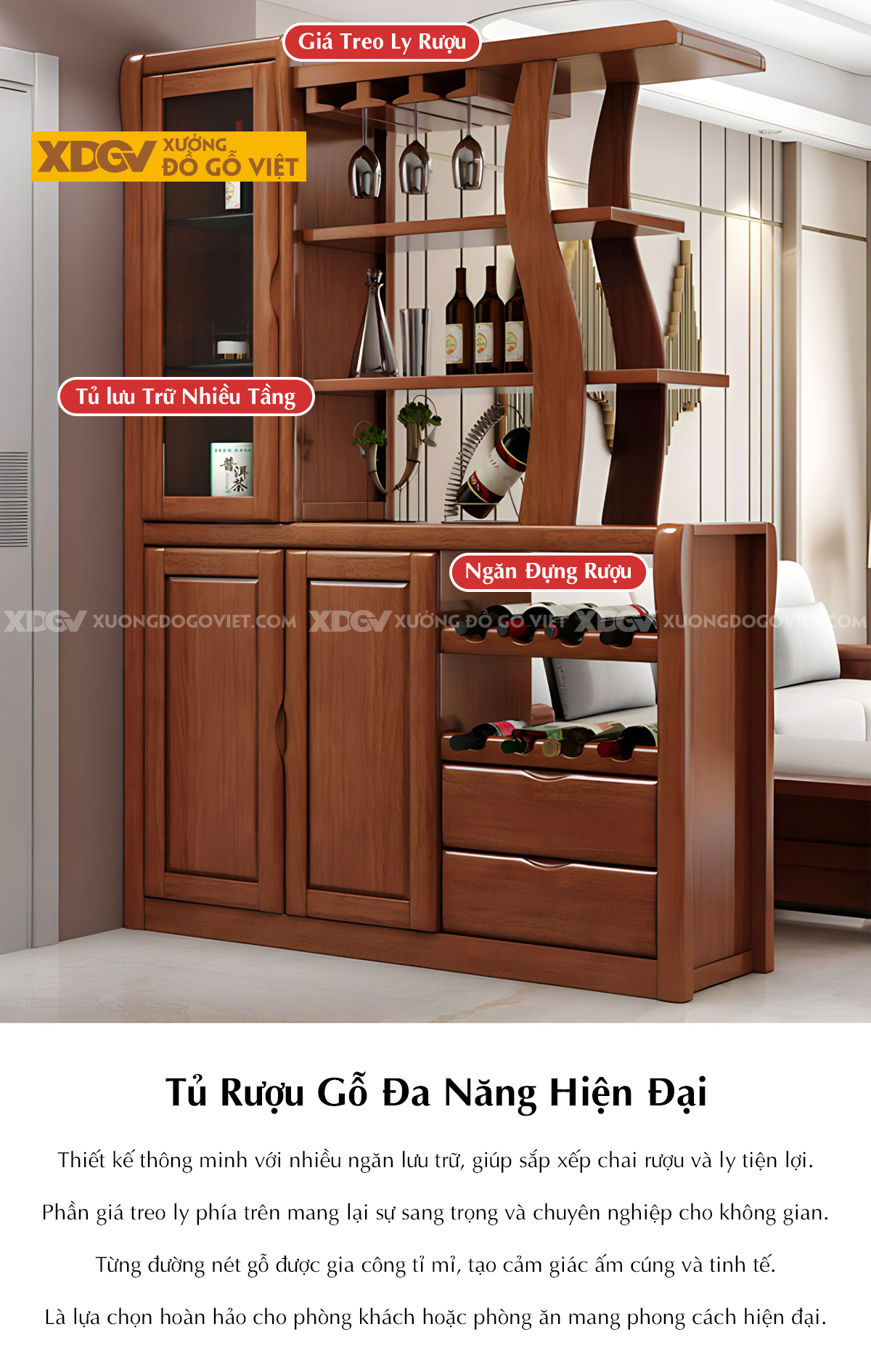 Mẫu Tủ Rượu Gỗ Cao Su Cánh Kính Phối Kệ Rượu Vang Tiện Nghi