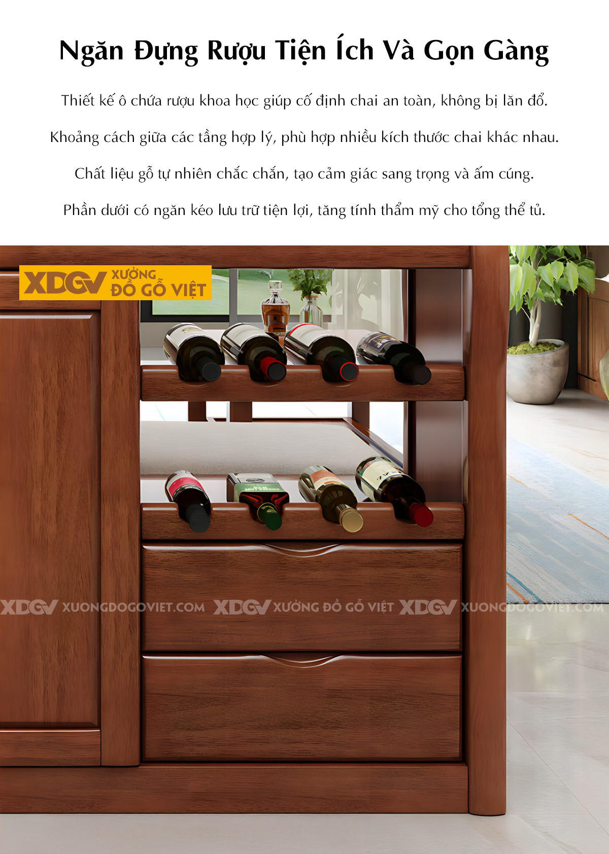 Mẫu Tủ Rượu Gỗ Cao Su Cánh Kính Phối Kệ Rượu Vang Tiện Nghi