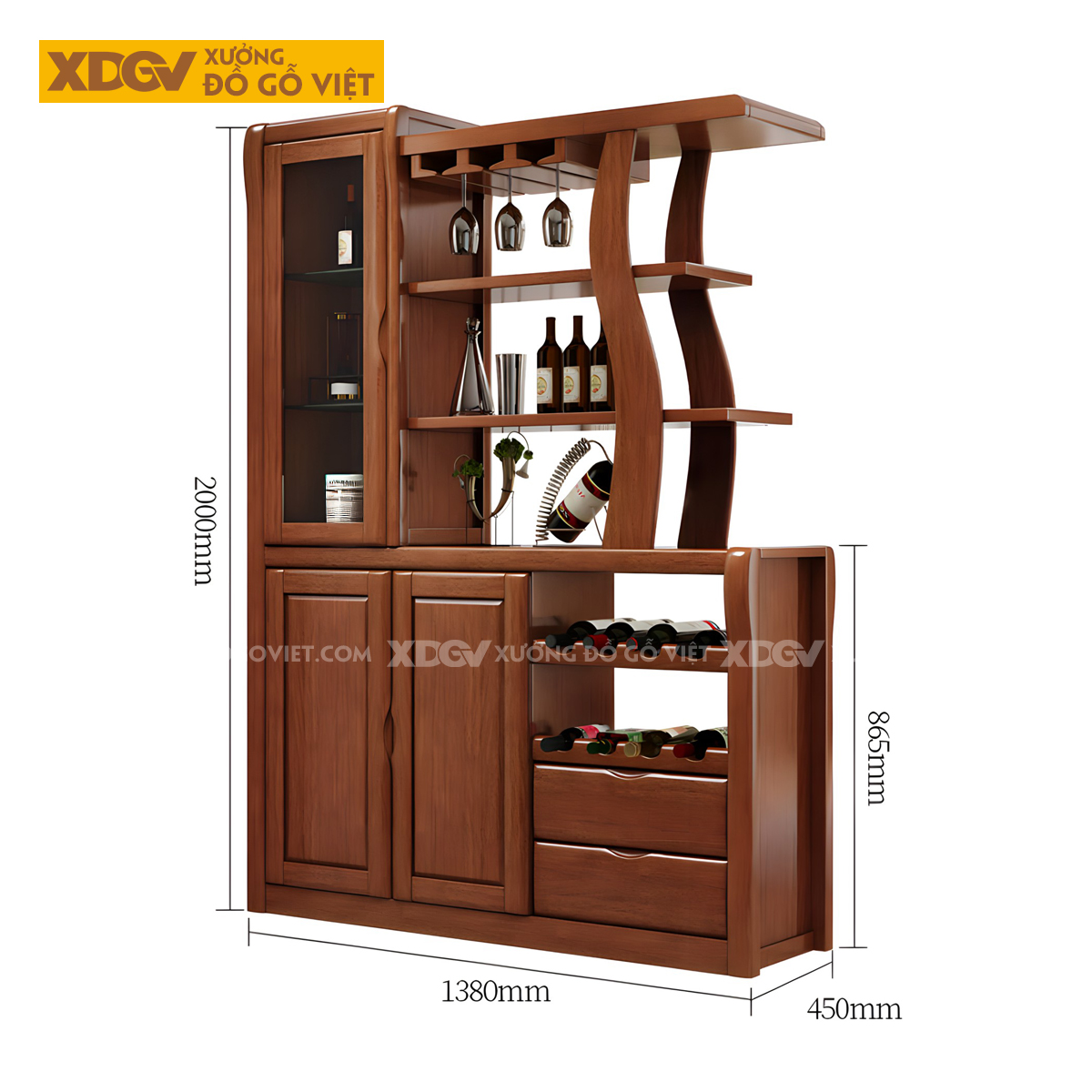 Mẫu Tủ Rượu Gỗ Cao Su Cánh Kính Phối Kệ Rượu Vang Tiện Nghi