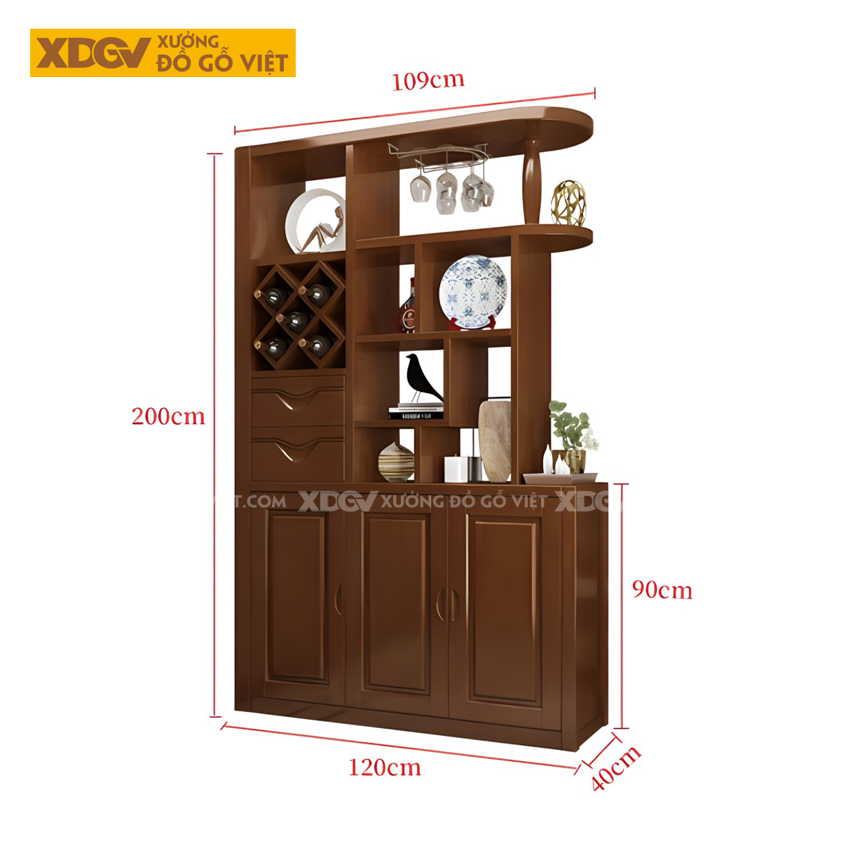 Mẫu Tủ Rượu Gỗ Cao Su Vách Ngăn Kèm Ô Rượu Chéo Hiện Đại