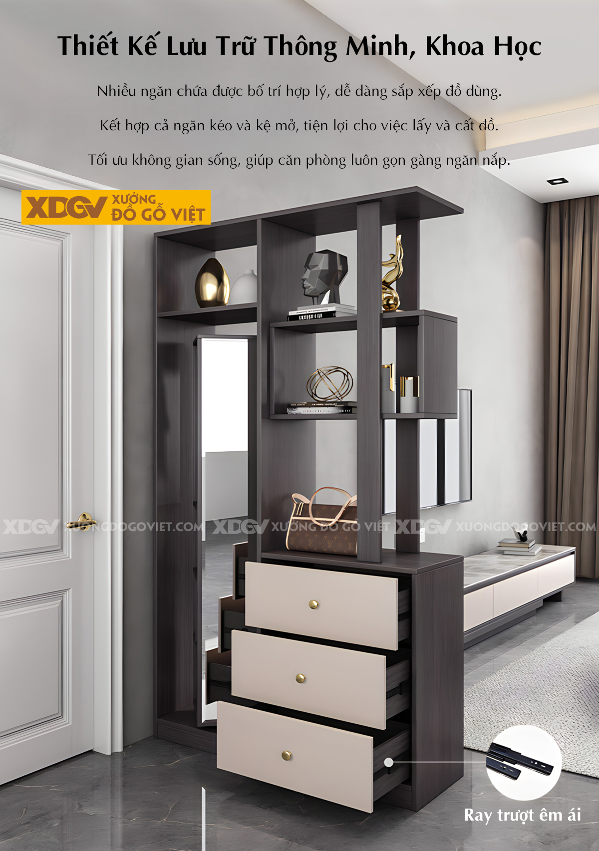 Mẫu Tủ Rượu MDF Đa Năng Kết Hợp Kệ Trang Trí Gương Soi Lớn