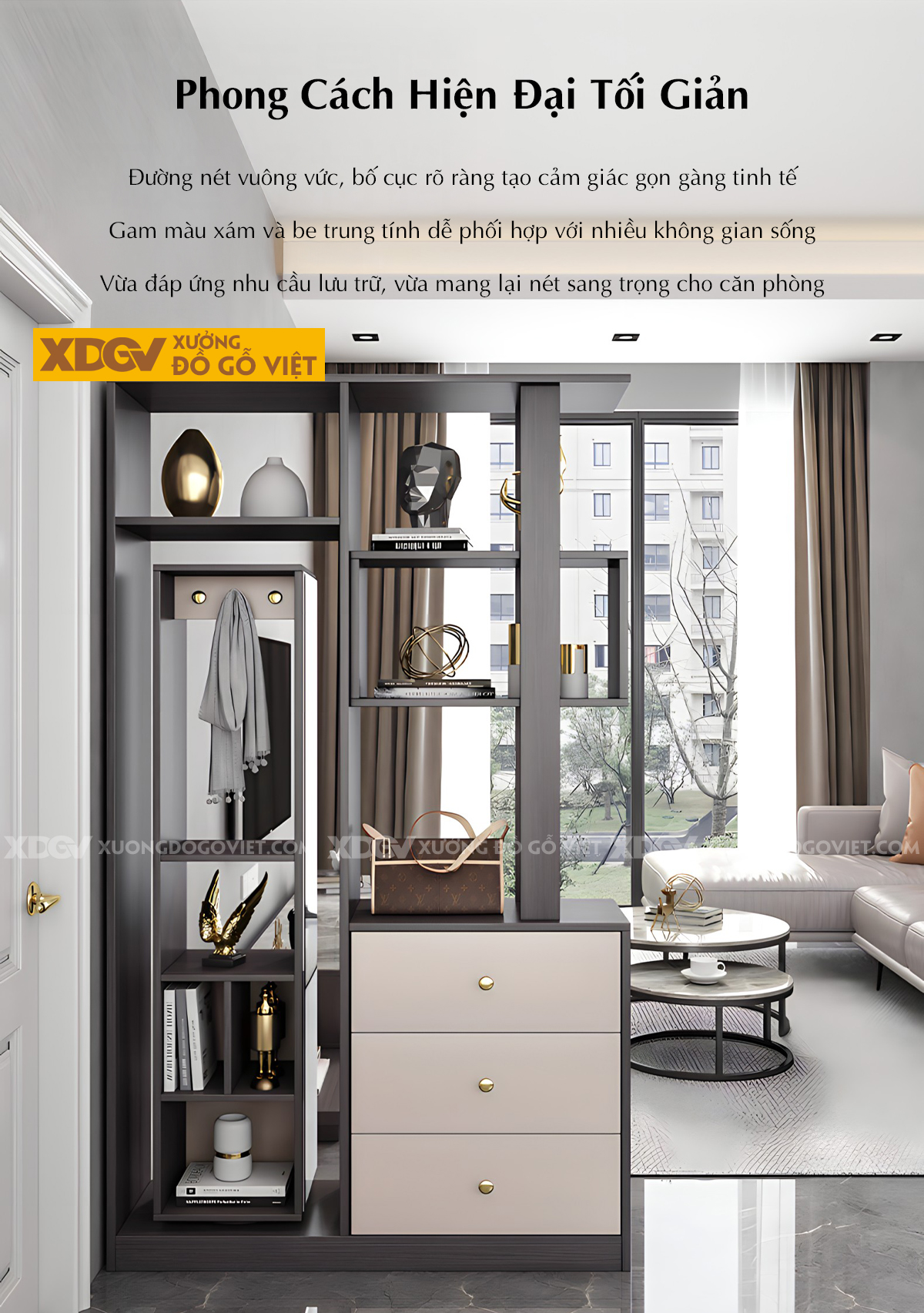 Mẫu Tủ Rượu MDF Đa Năng Kết Hợp Kệ Trang Trí Gương Soi Lớn