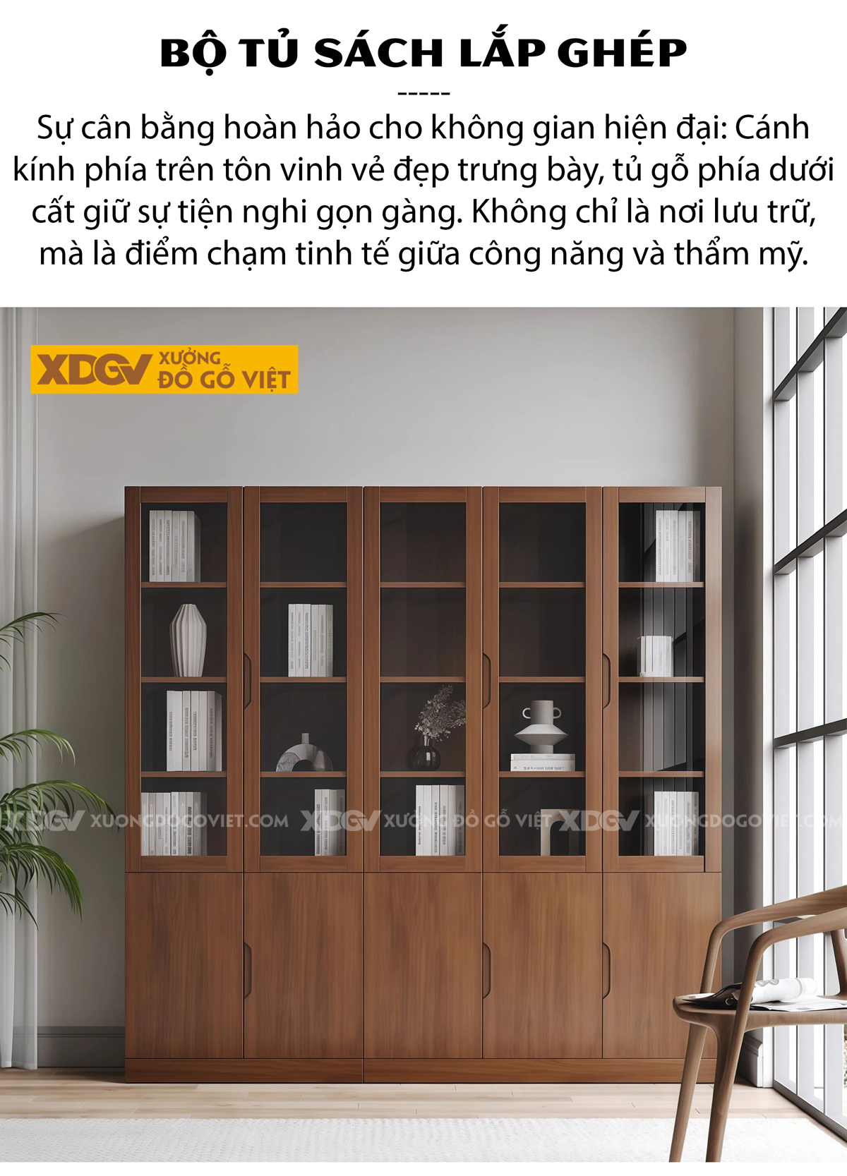 Mẫu Tủ Sách Gỗ Veneer Sồi Chân Bệt Phối Cánh Kính Sang Trọng