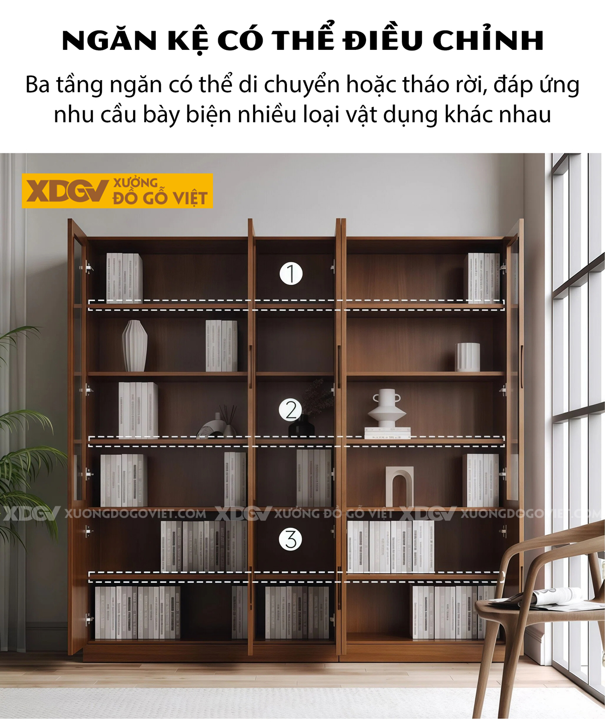 Mẫu Tủ Sách Gỗ Veneer Sồi Chân Bệt Phối Cánh Kính Sang Trọng