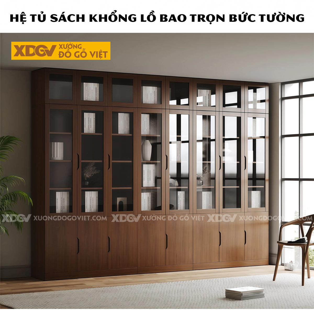Mẫu Tủ Sách Gỗ Veneer Sồi Chân Bệt Phối Cánh Kính Sang Trọng