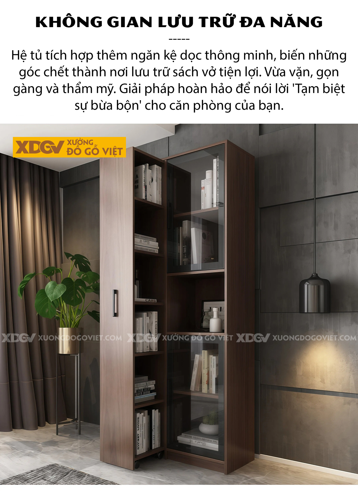 Mẫu Tủ Sách Hiện Đại MDF Thiết Kế Kệ Ẩn Đóng Mở Thông Minh