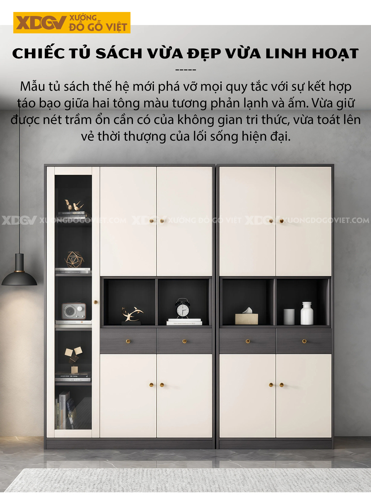 Mẫu Tủ Sách Hiện Đại MDF Thiết Kế Kệ Ẩn Đóng Mở Thông Minh