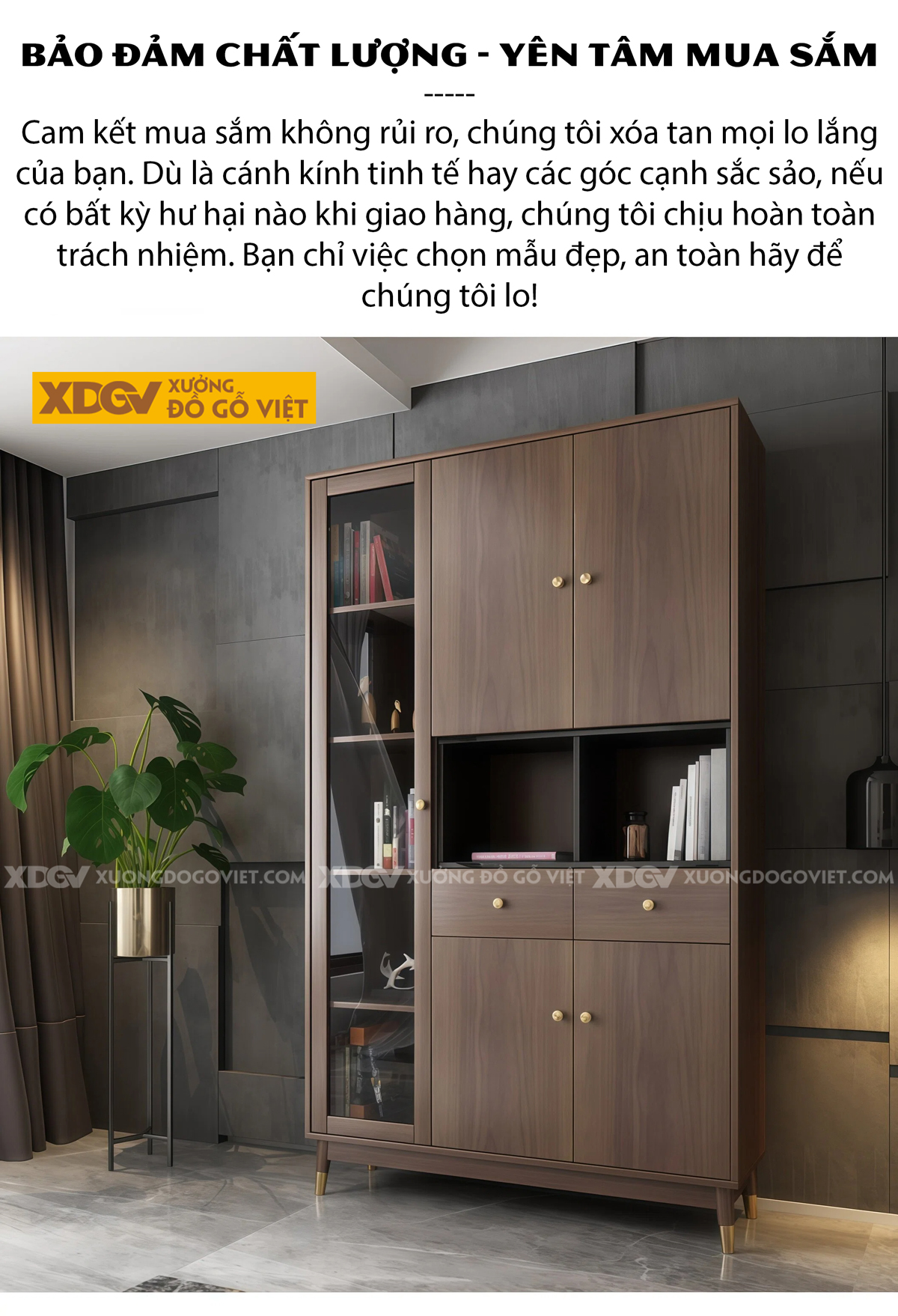 Mẫu Tủ Sách MDF Thiết Kế Cánh Kính Lùa Tiết Kiệm Diện Tích