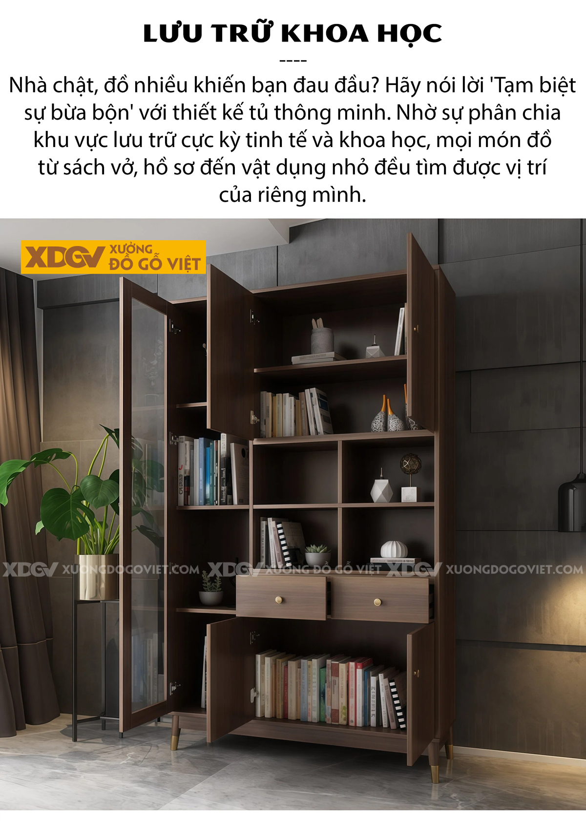 Mẫu Tủ Sách MDF Thiết Kế Cánh Kính Lùa Tiết Kiệm Diện Tích