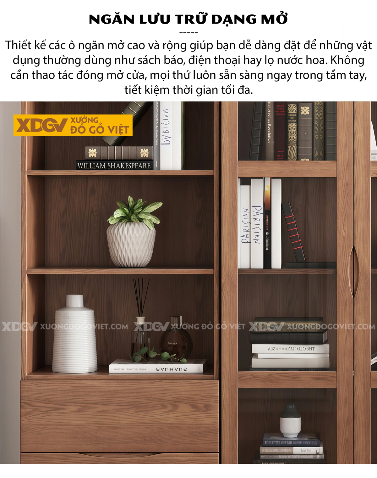 Mẫu Tủ Sách Văn Phòng Gỗ Veneer Sồi Phối Cánh Kính Kèm Kệ Mở