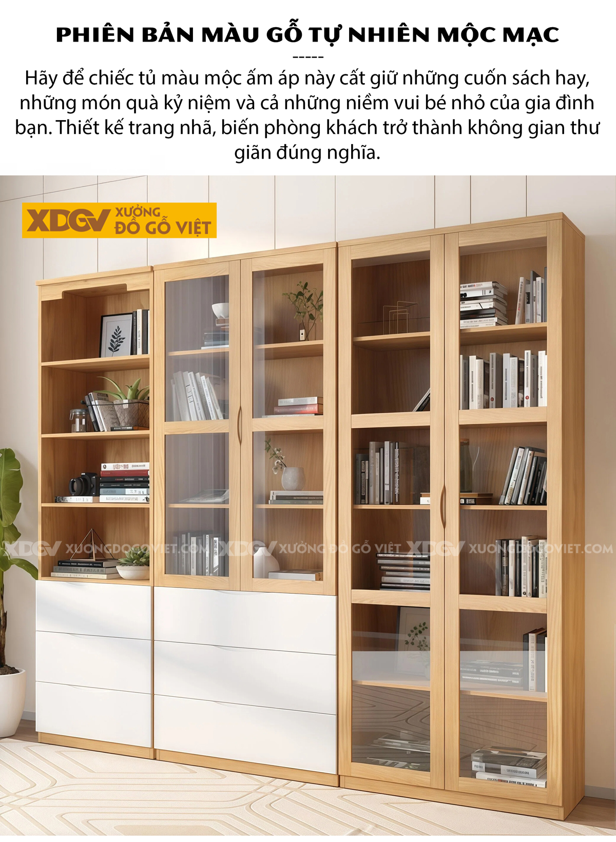 Mẫu Tủ Sách Văn Phòng Gỗ Veneer Sồi Phối Cánh Kính Kèm Kệ Mở
