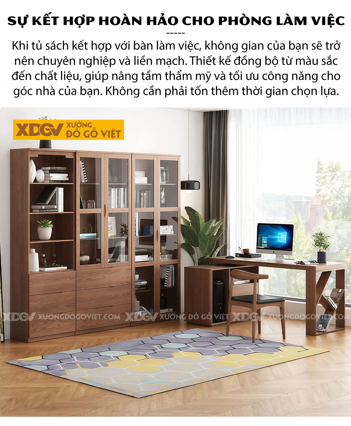 Mẫu Tủ Sách Văn Phòng Gỗ Veneer Sồi Phối Cánh Kính Kèm Kệ Mở